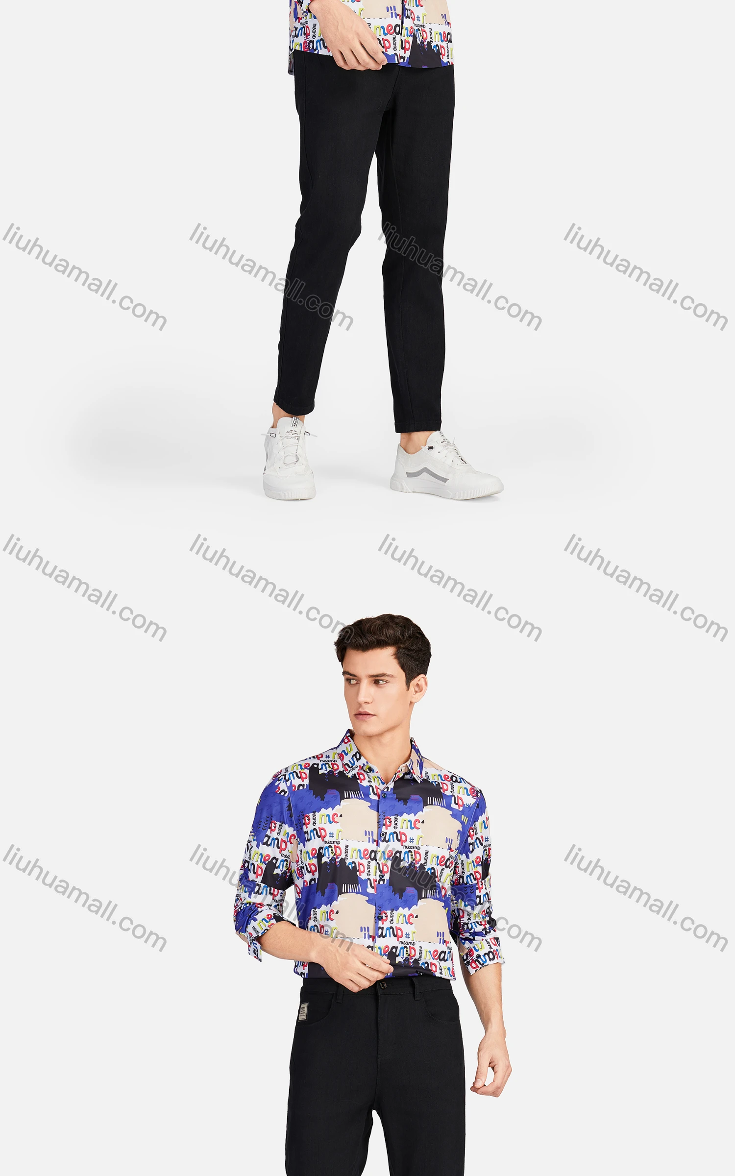 Wholesale Men's Fashion Collared Long Sleeve Slim Fit Letter Colorblock Shirt - Liuhuamall