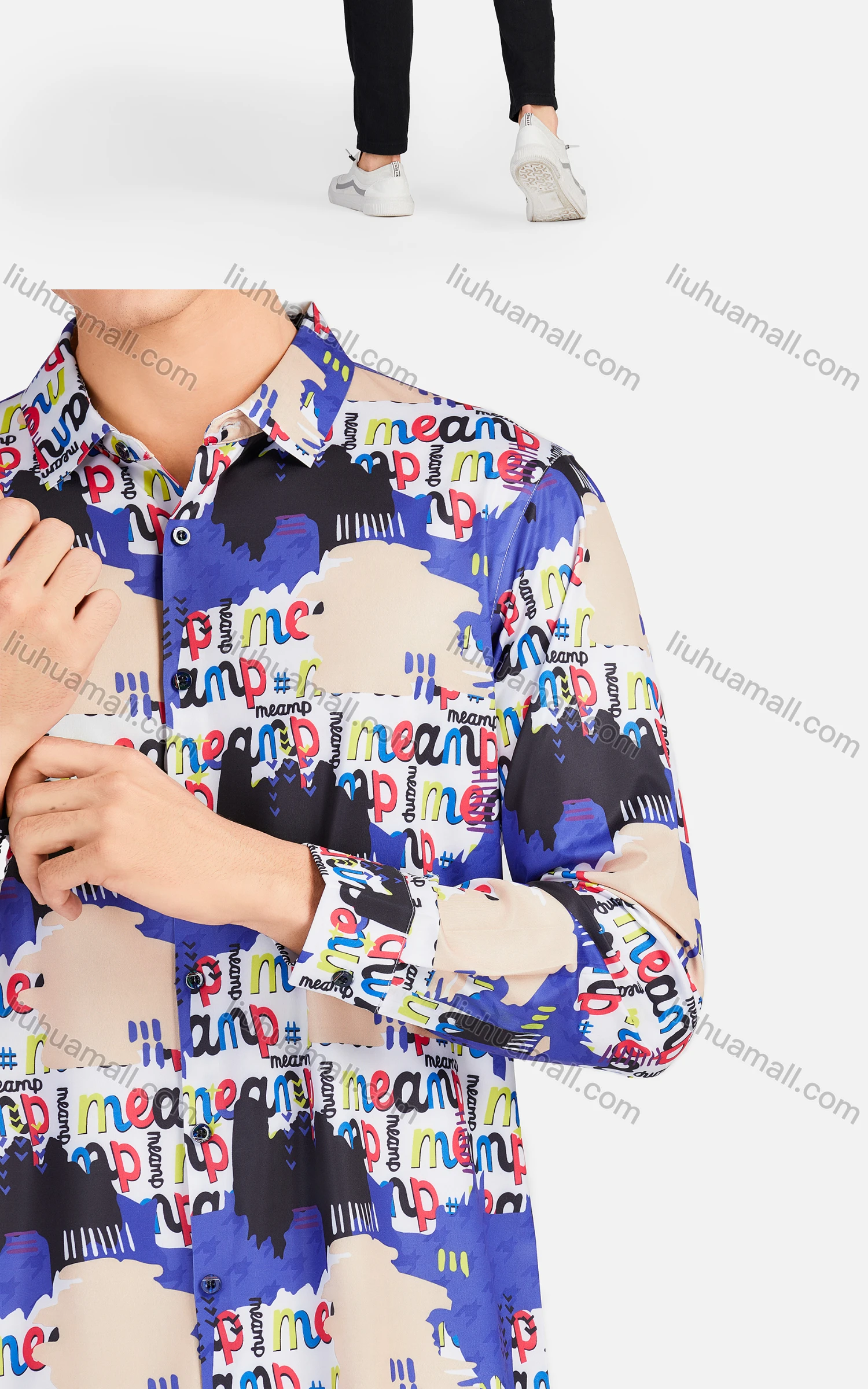 Wholesale Men's Fashion Collared Long Sleeve Slim Fit Letter Colorblock Shirt - Liuhuamall