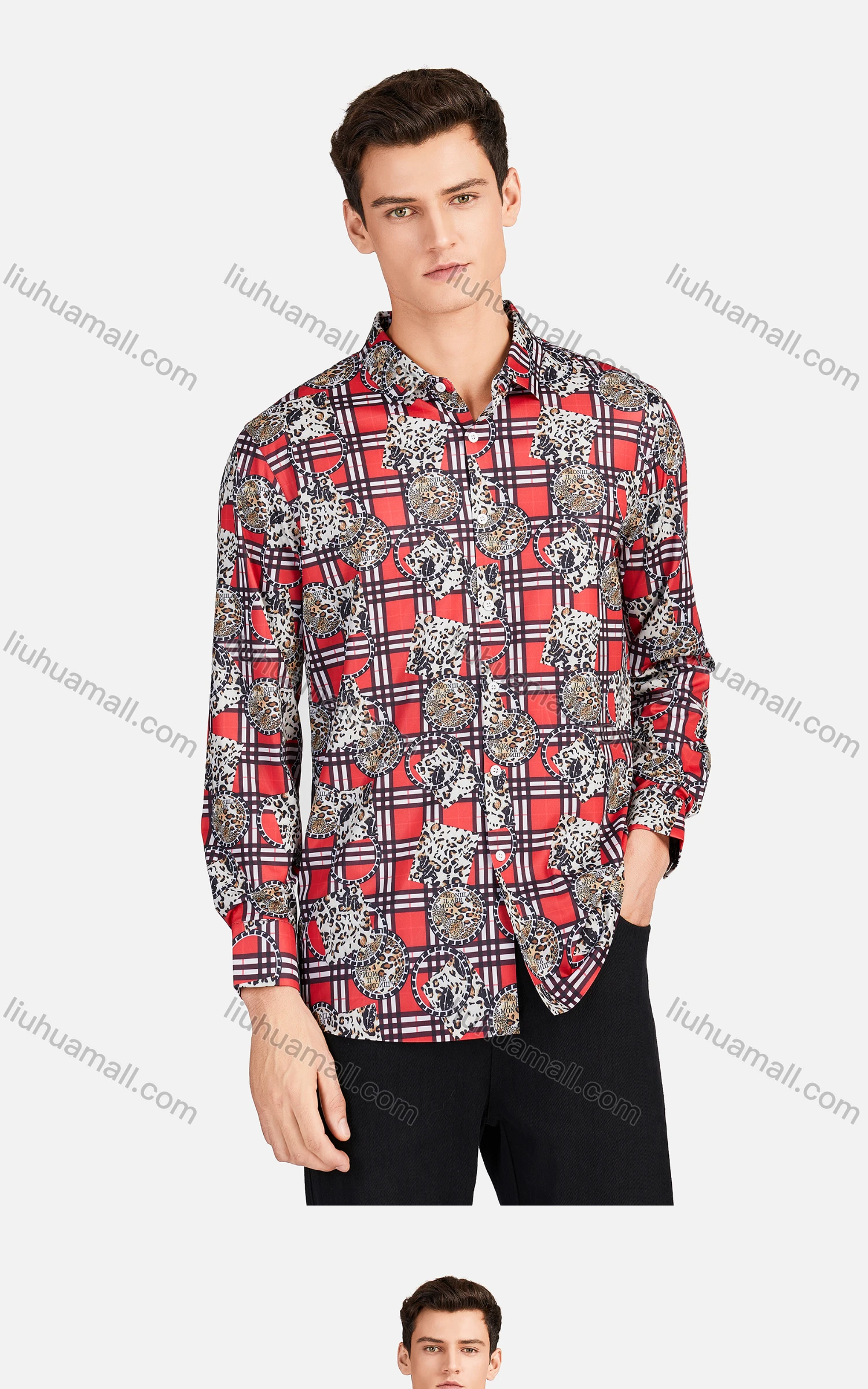 Wholesale Men's Casual Collared Long Sleeve Slim Fit Plaid Leopard Splicing Shirt - Liuhuamall