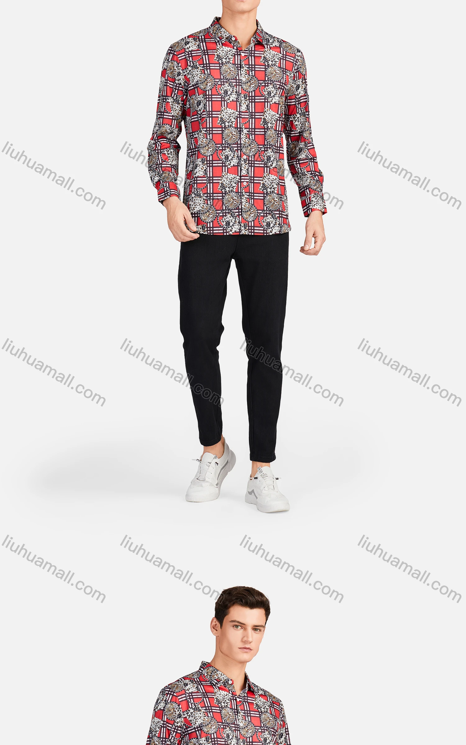 Wholesale Men's Casual Collared Long Sleeve Slim Fit Plaid Leopard Splicing Shirt - Liuhuamall