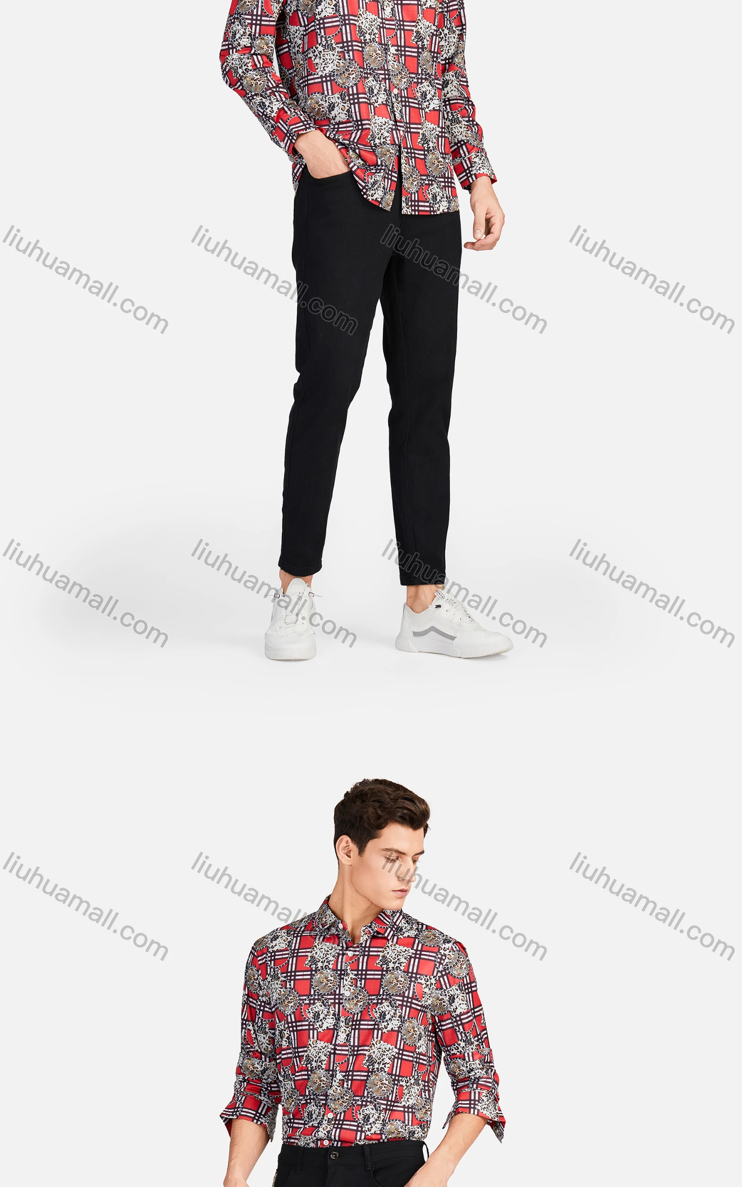 Wholesale Men's Casual Collared Long Sleeve Slim Fit Plaid Leopard Splicing Shirt - Liuhuamall