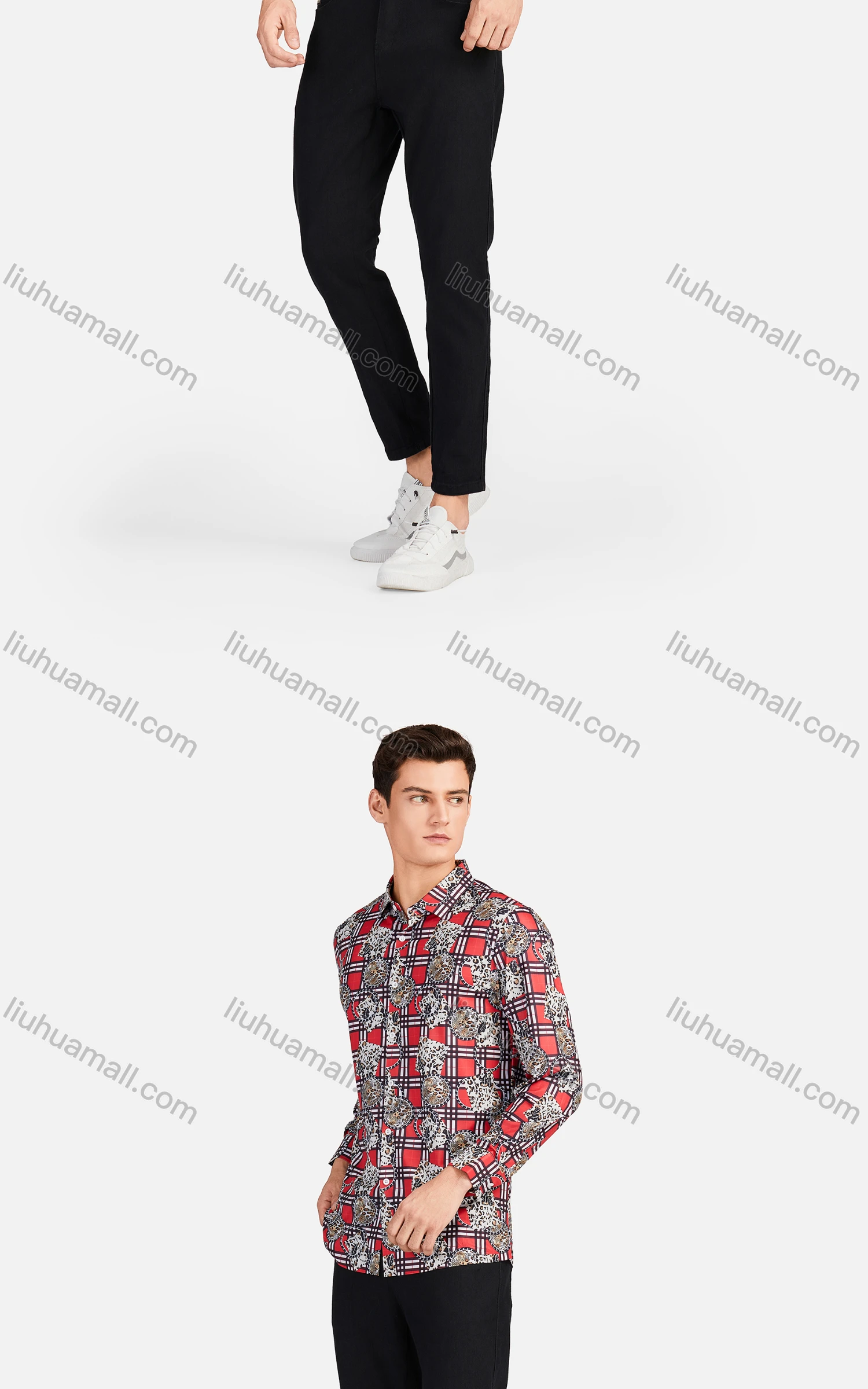 Wholesale Men's Casual Collared Long Sleeve Slim Fit Plaid Leopard Splicing Shirt - Liuhuamall