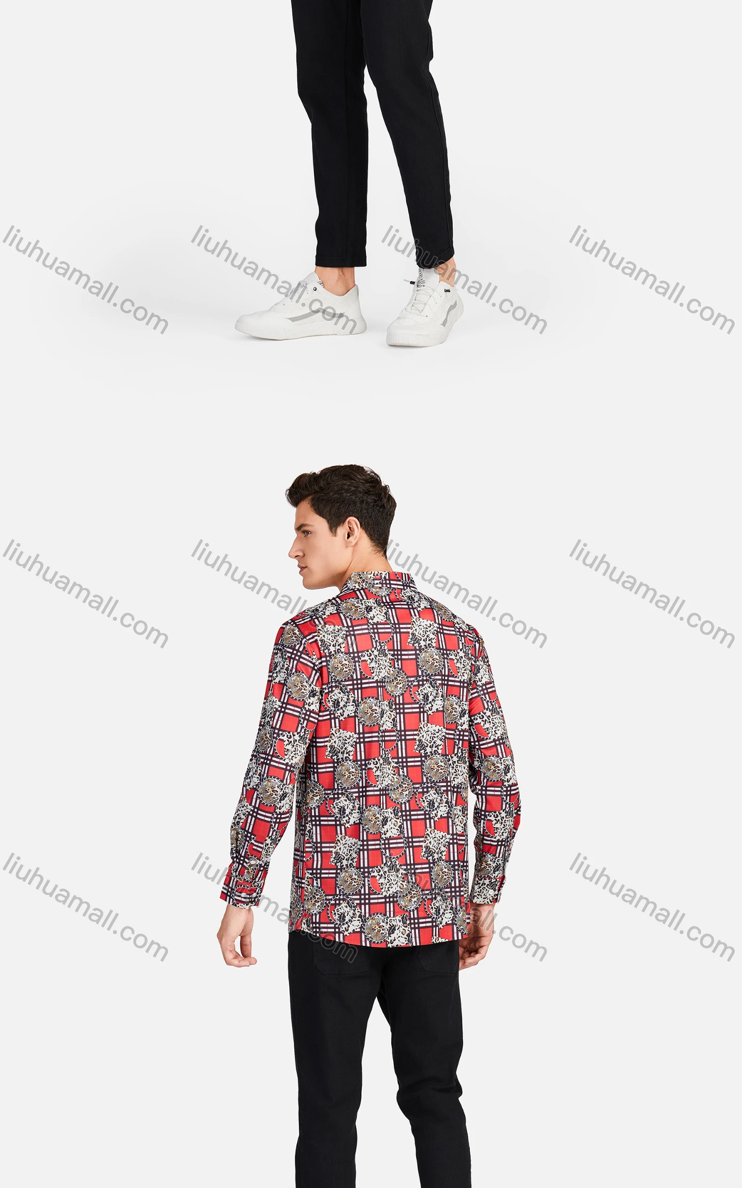 Wholesale Men's Casual Collared Long Sleeve Slim Fit Plaid Leopard Splicing Shirt - Liuhuamall