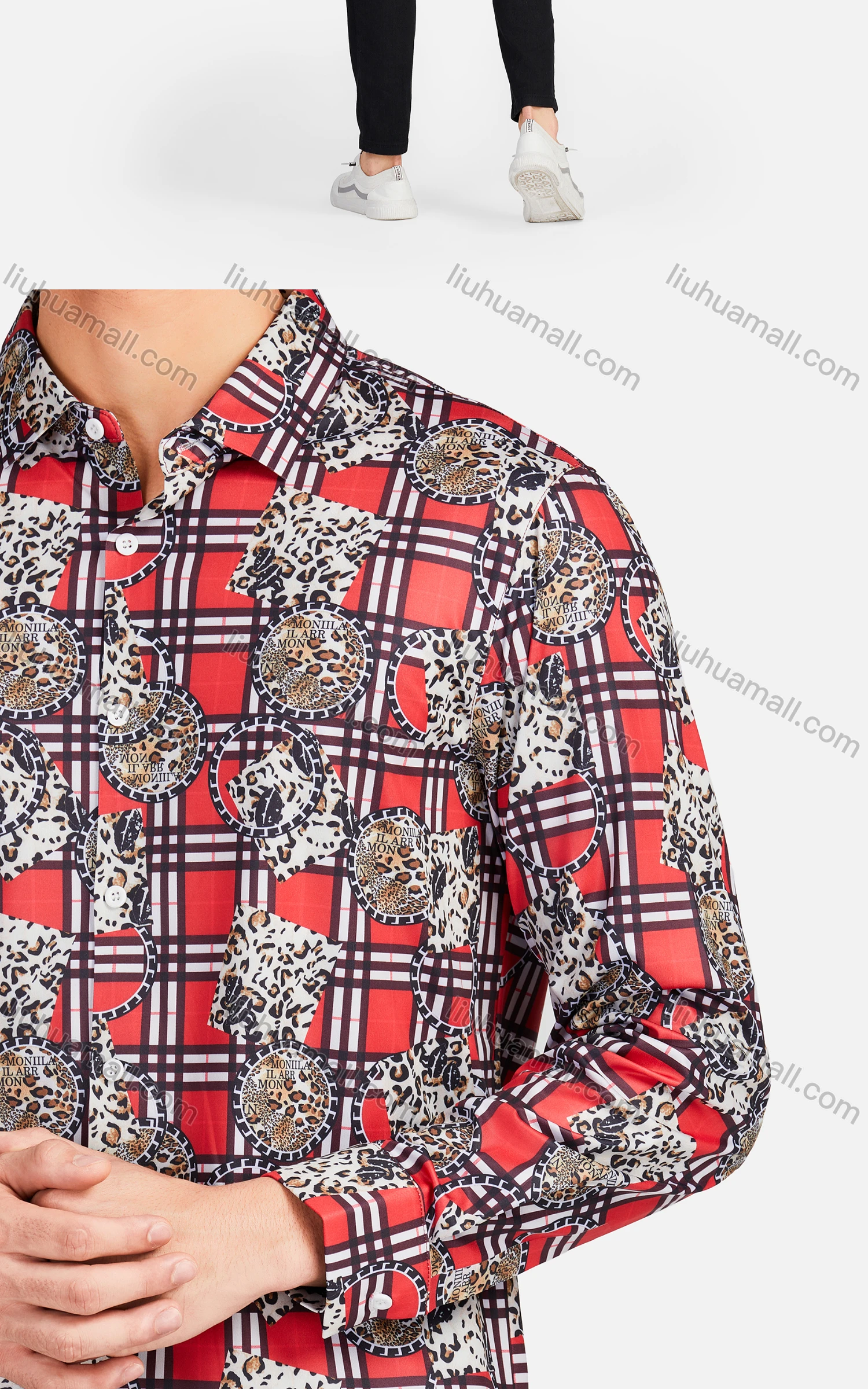 Wholesale Men's Casual Collared Long Sleeve Slim Fit Plaid Leopard Splicing Shirt - Liuhuamall