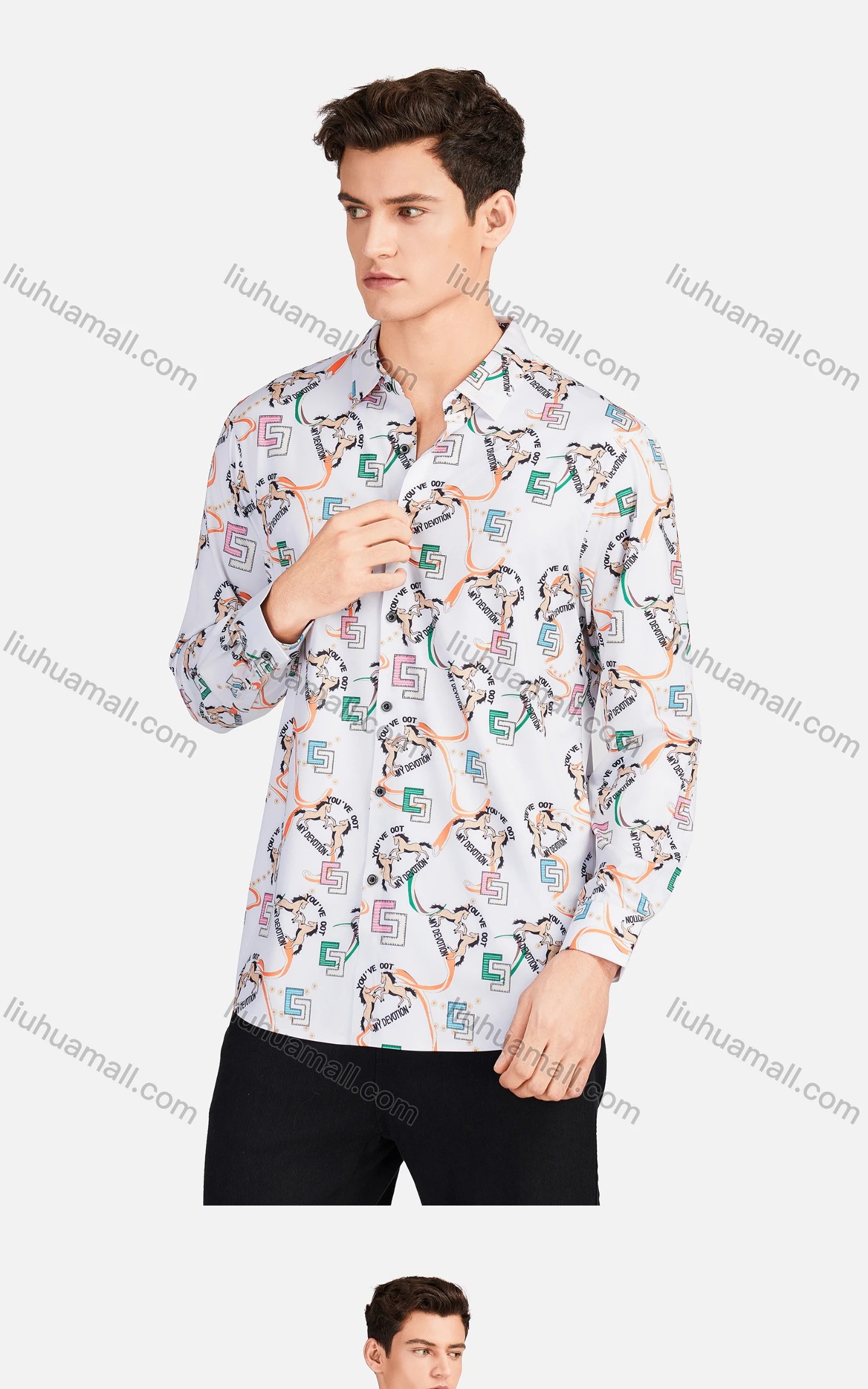 Wholesale Men's Casual Collared Long Sleeve Slim Fit Animal Letter Shirt - Liuhuamall