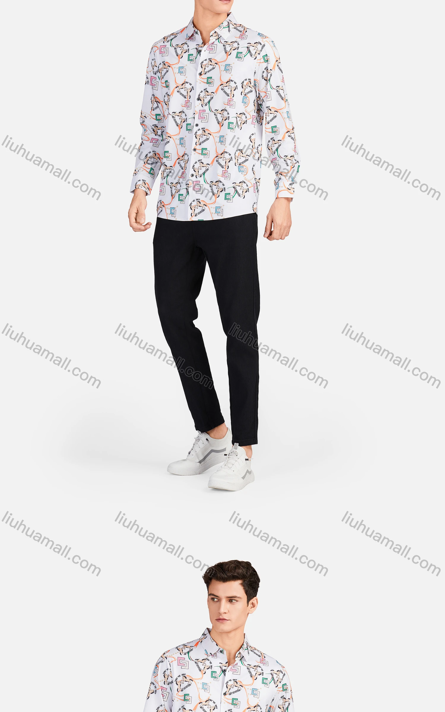 Wholesale Men's Casual Collared Long Sleeve Slim Fit Animal Letter Shirt - Liuhuamall