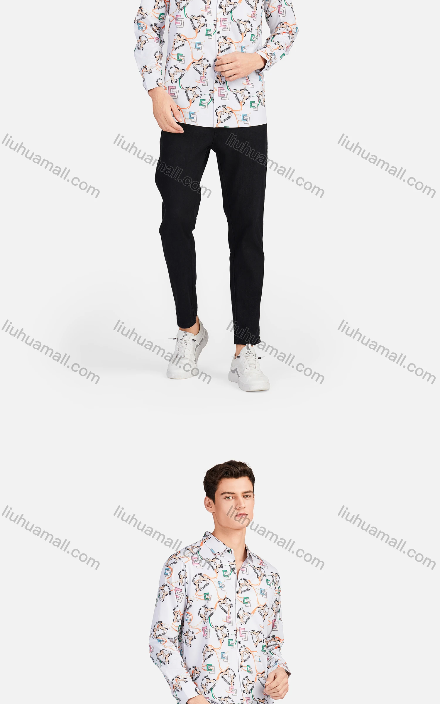 Wholesale Men's Casual Collared Long Sleeve Slim Fit Animal Letter Shirt - Liuhuamall