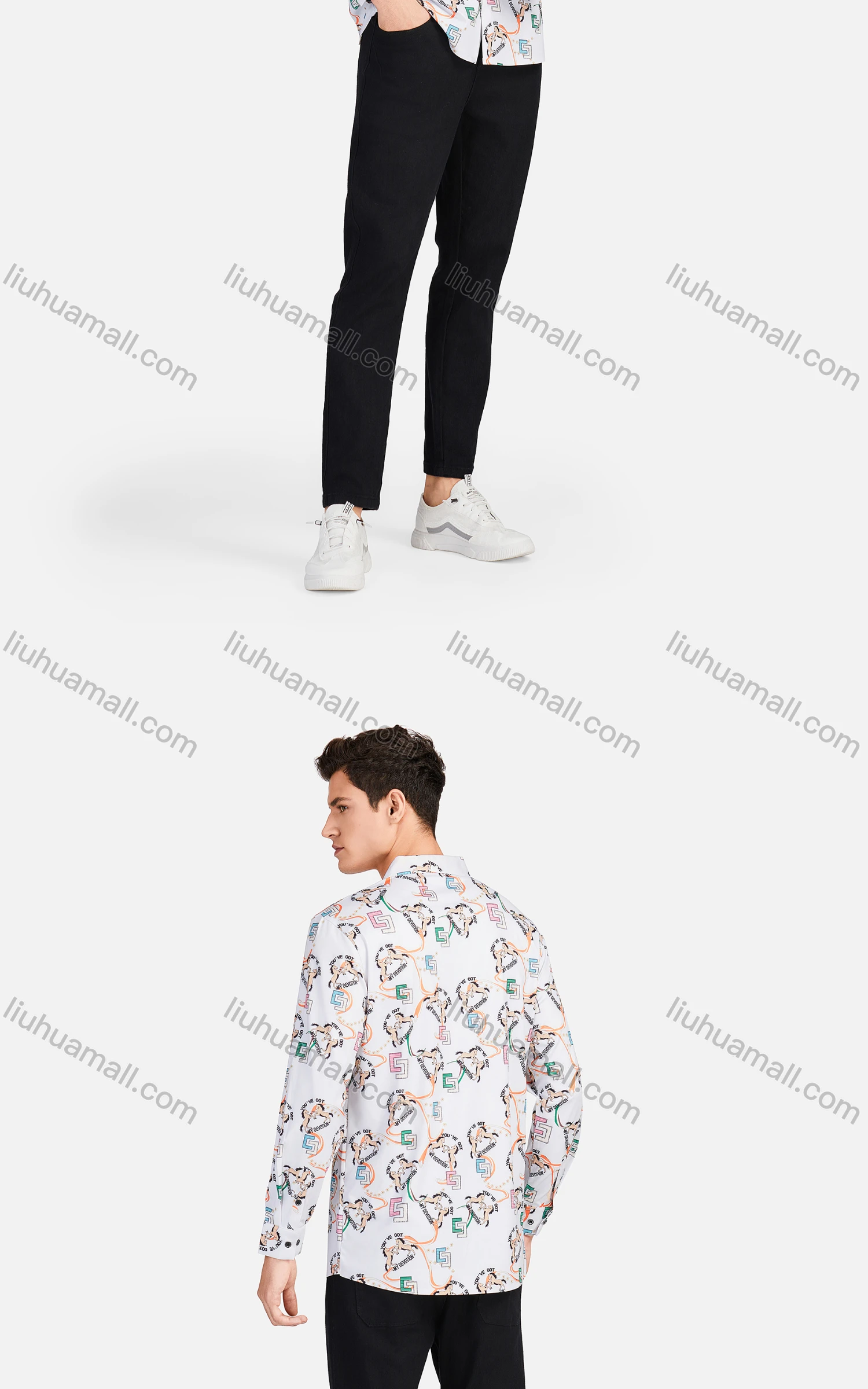 Wholesale Men's Casual Collared Long Sleeve Slim Fit Animal Letter Shirt - Liuhuamall