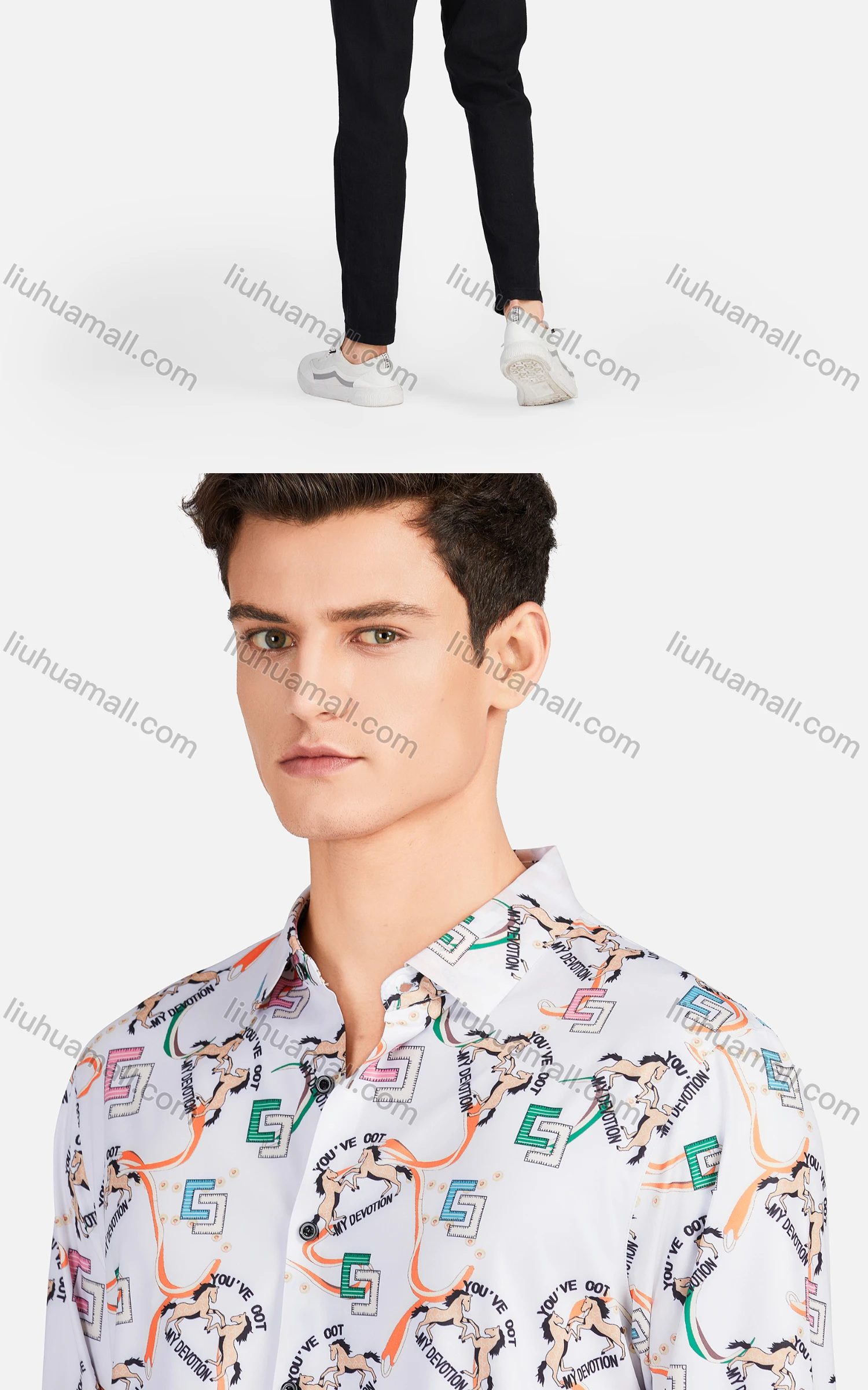 Wholesale Men's Casual Collared Long Sleeve Slim Fit Animal Letter Shirt - Liuhuamall