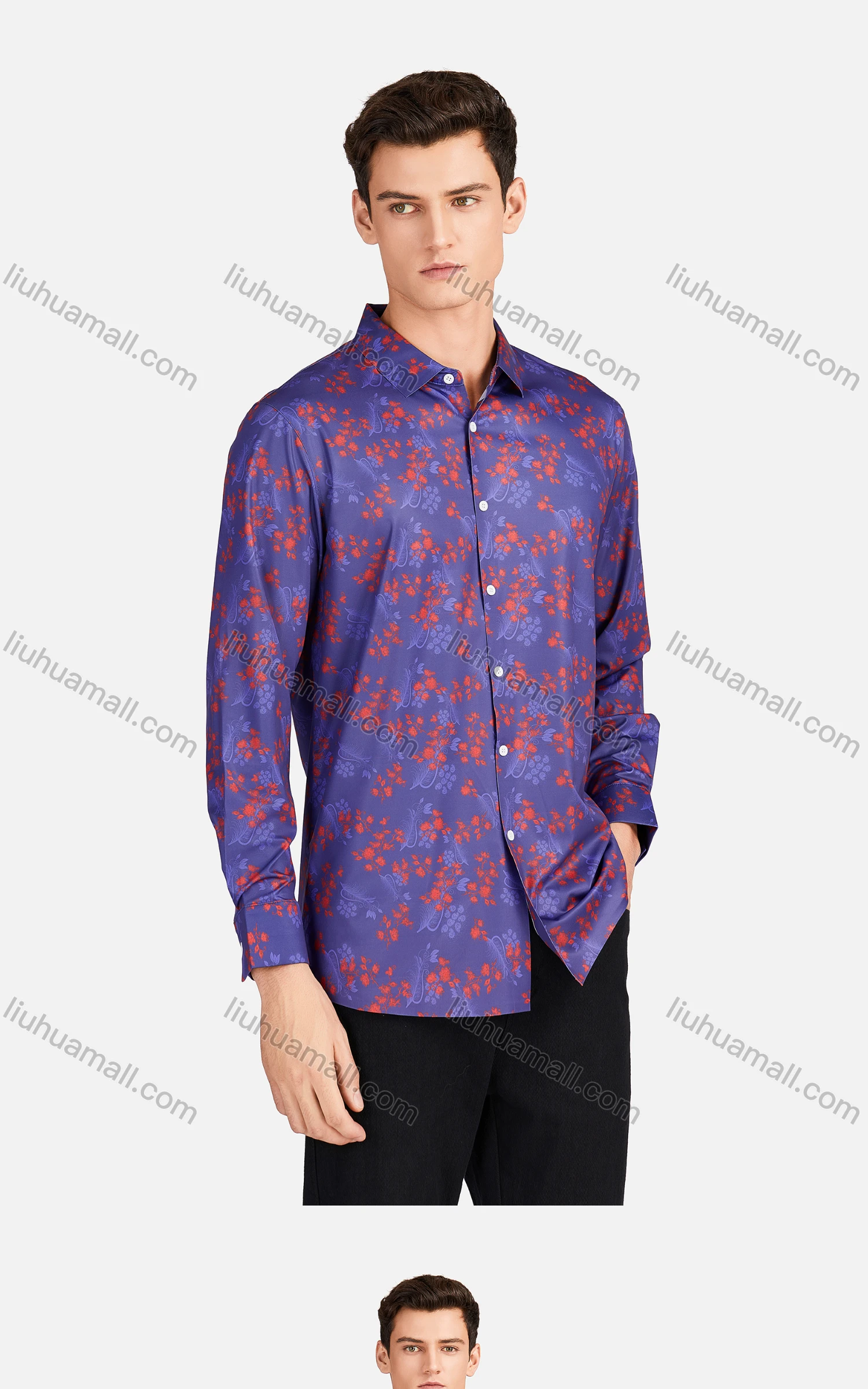 Wholesale Men's Casual Collared Long Sleeve Slim Fit Floral Print Shirt - Liuhuamall