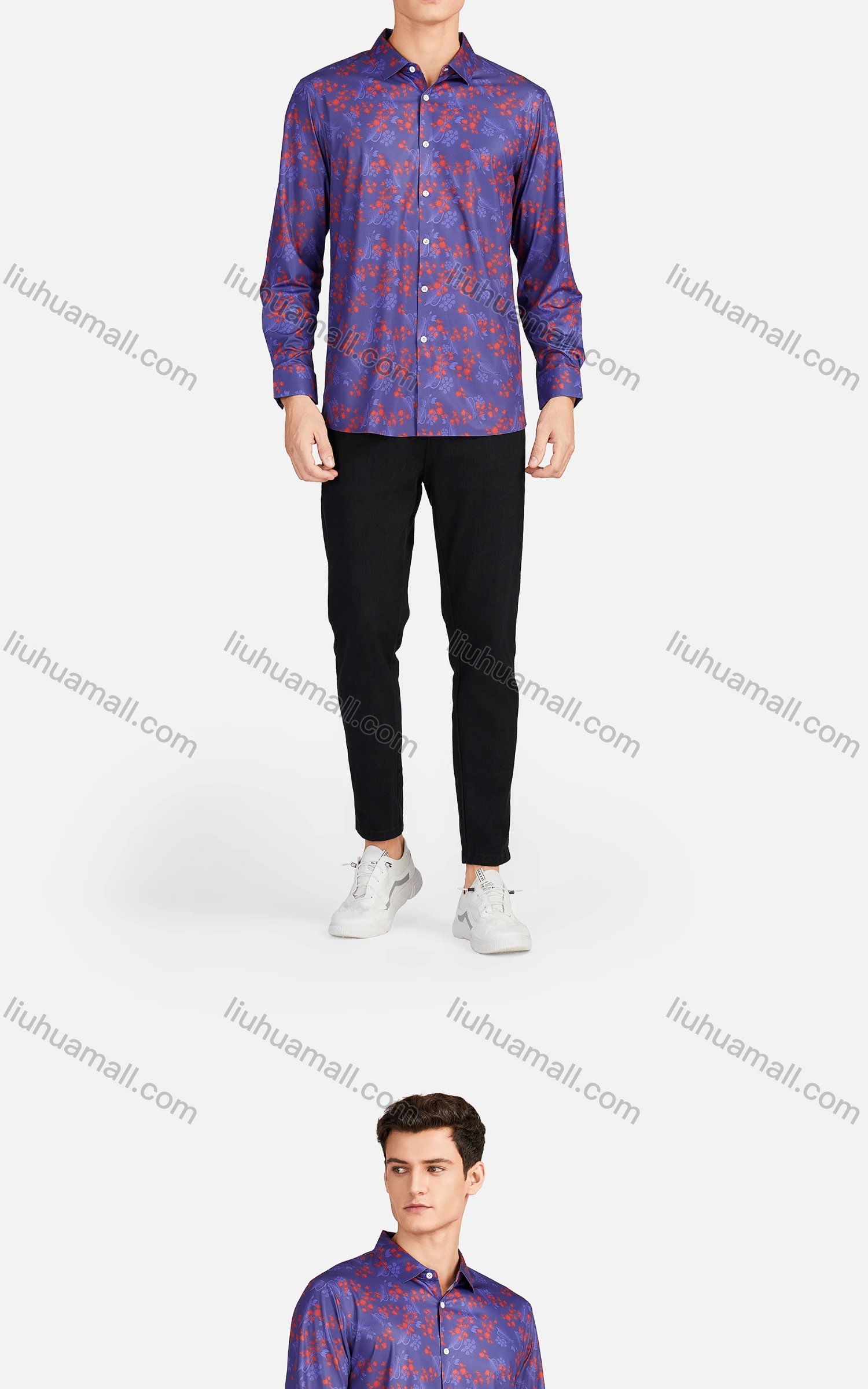 Wholesale Men's Casual Collared Long Sleeve Slim Fit Floral Print Shirt - Liuhuamall