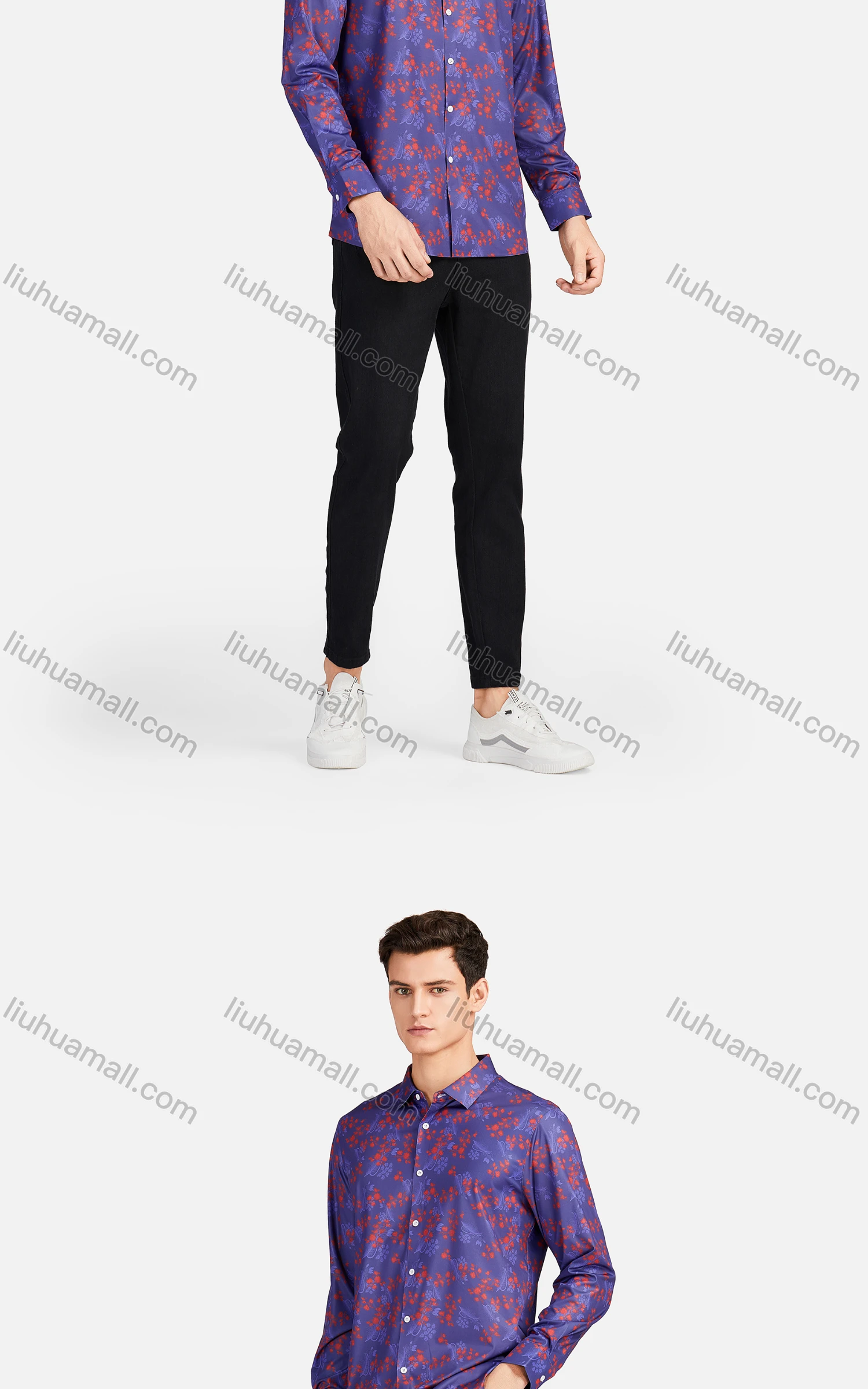 Wholesale Men's Casual Collared Long Sleeve Slim Fit Floral Print Shirt - Liuhuamall