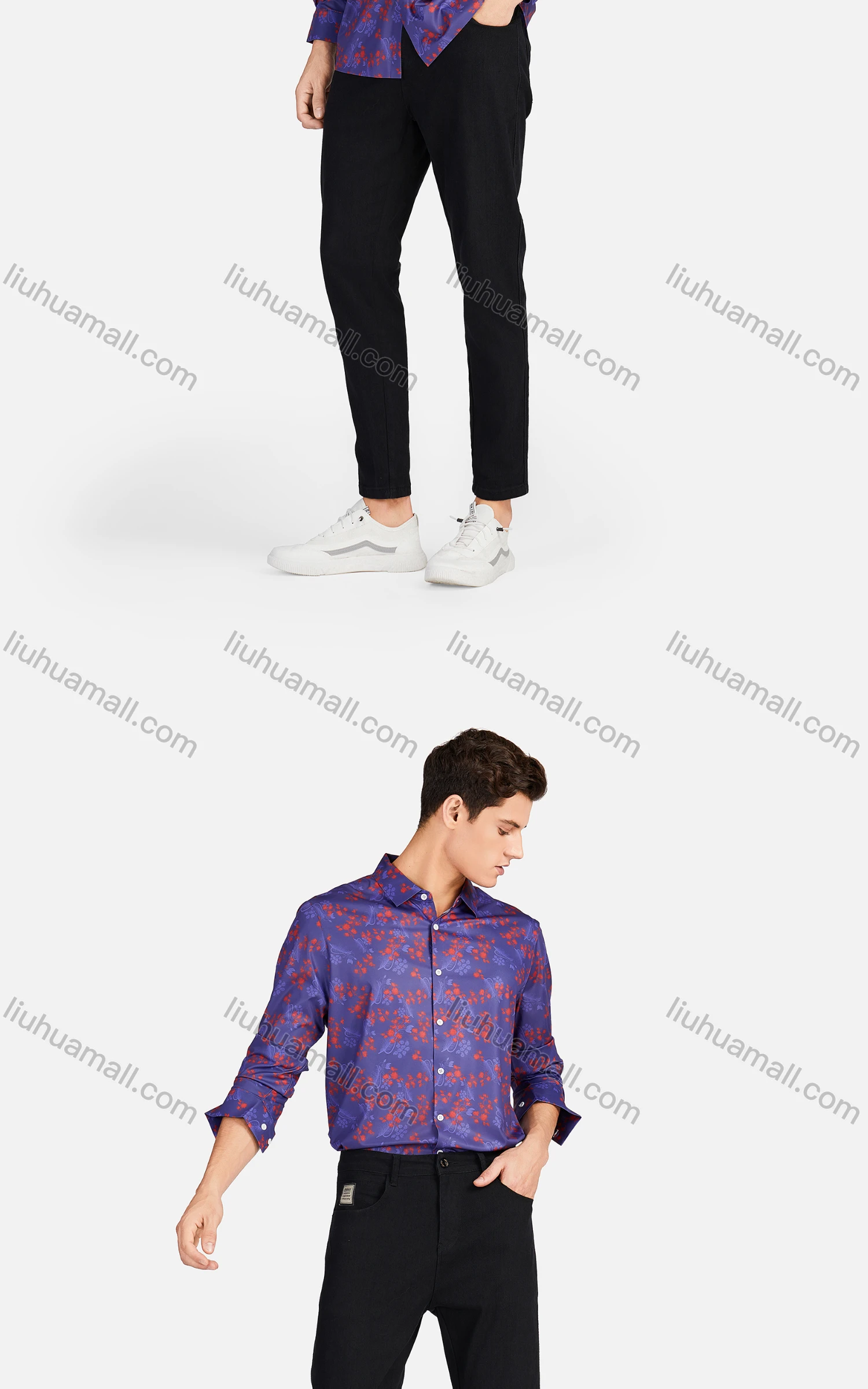 Wholesale Men's Casual Collared Long Sleeve Slim Fit Floral Print Shirt - Liuhuamall