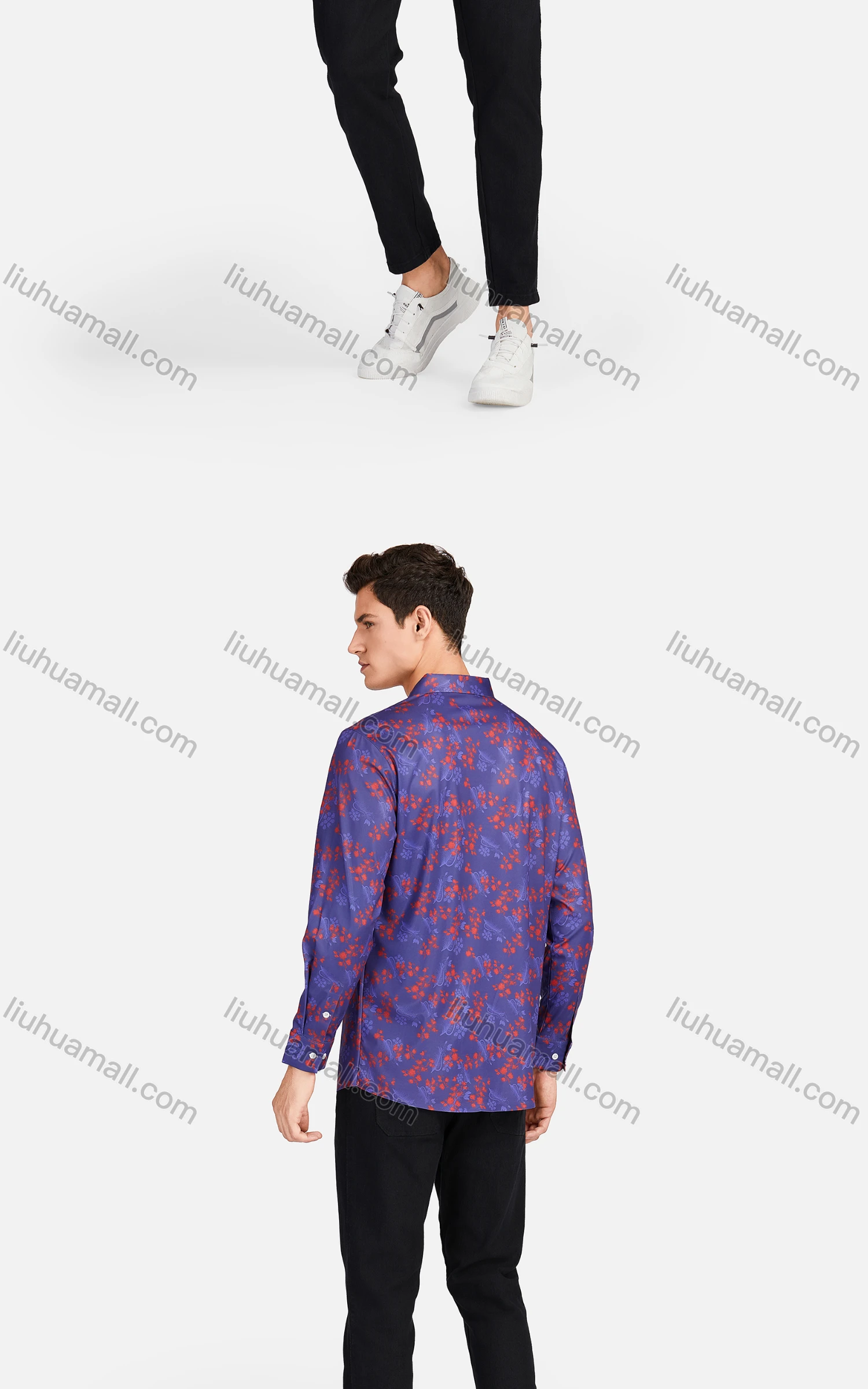 Wholesale Men's Casual Collared Long Sleeve Slim Fit Floral Print Shirt - Liuhuamall