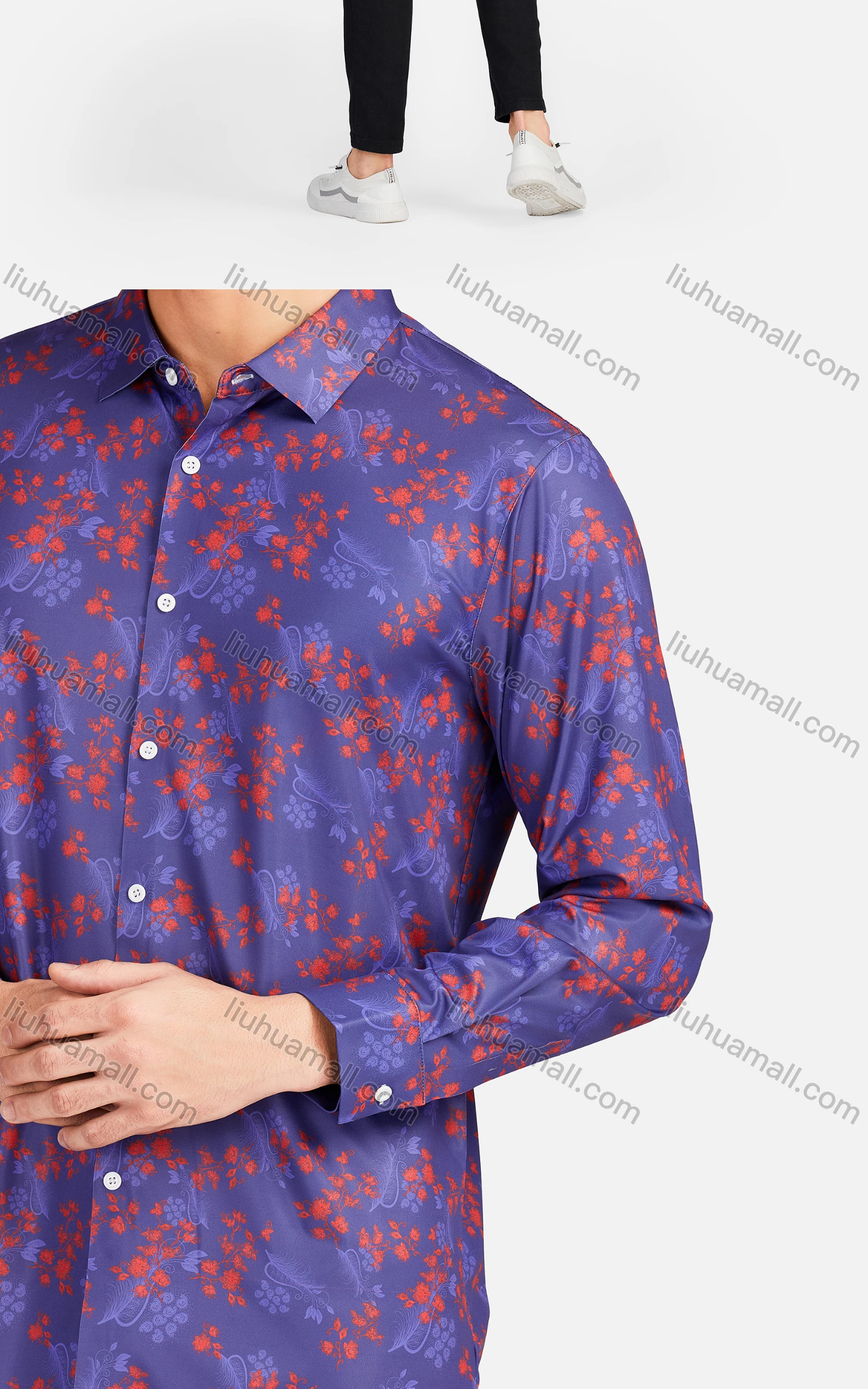 Wholesale Men's Casual Collared Long Sleeve Slim Fit Floral Print Shirt - Liuhuamall