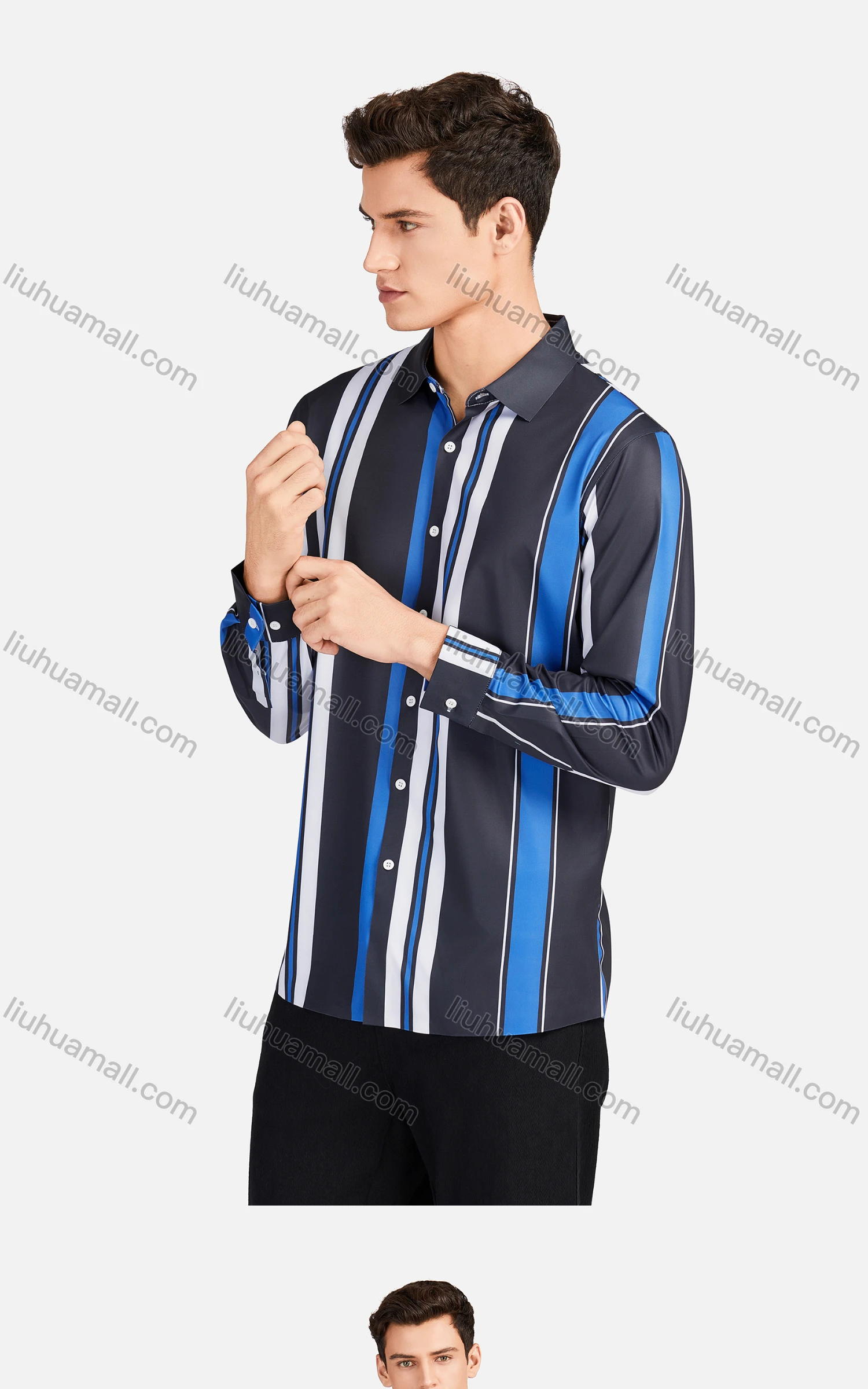 Wholesale Men's Casual Collared Long Sleeve Slim Fit Striped Shirt - Liuhuamall