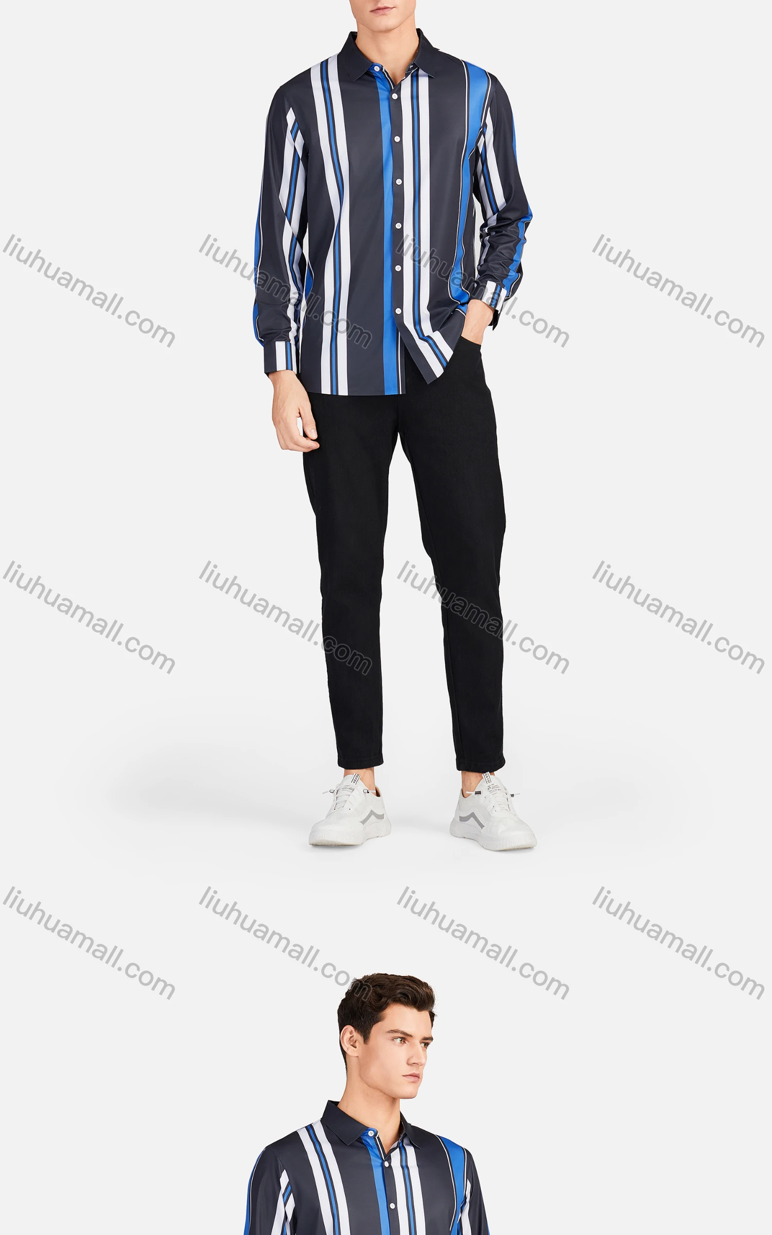 Wholesale Men's Casual Collared Long Sleeve Slim Fit Striped Shirt - Liuhuamall