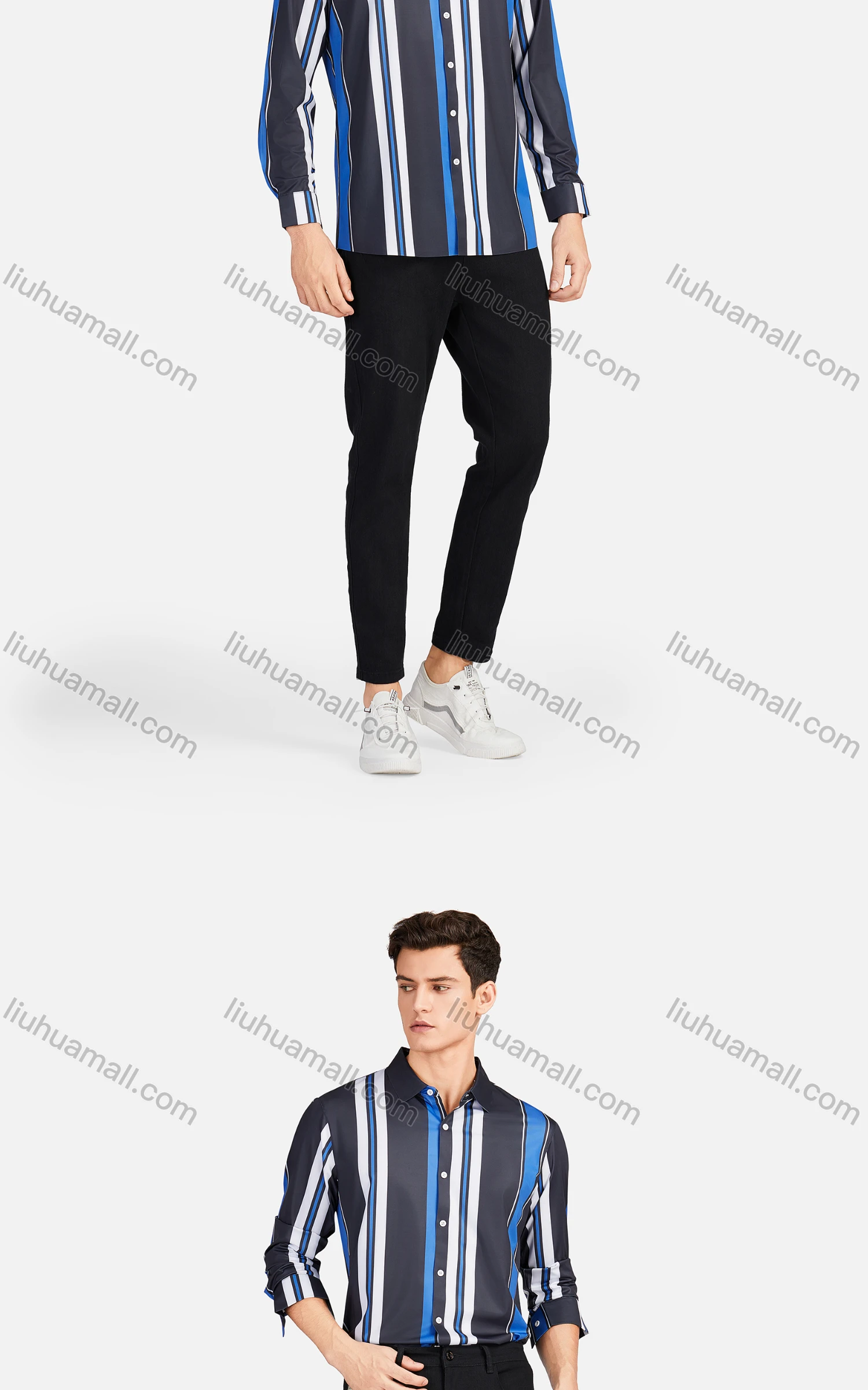 Wholesale Men's Casual Collared Long Sleeve Slim Fit Striped Shirt - Liuhuamall