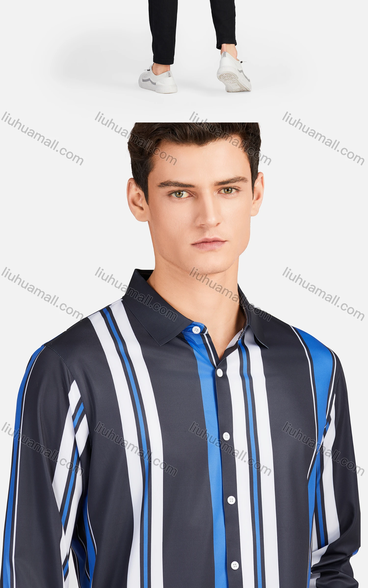 Wholesale Men's Casual Collared Long Sleeve Slim Fit Striped Shirt - Liuhuamall