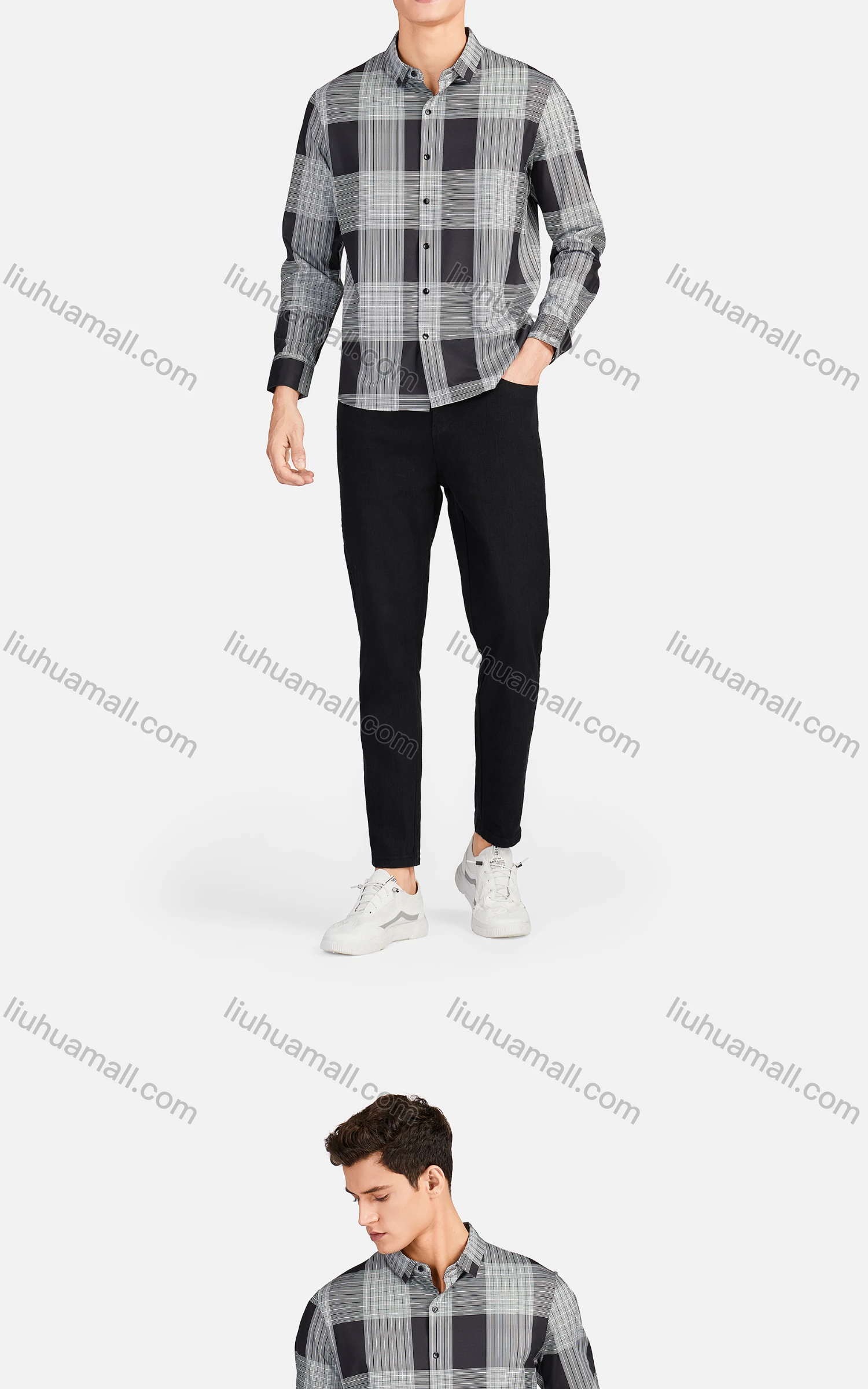 Wholesale Men's Casual Collared Long Sleeve Slim Fit Plaid Shirt - Liuhuamall