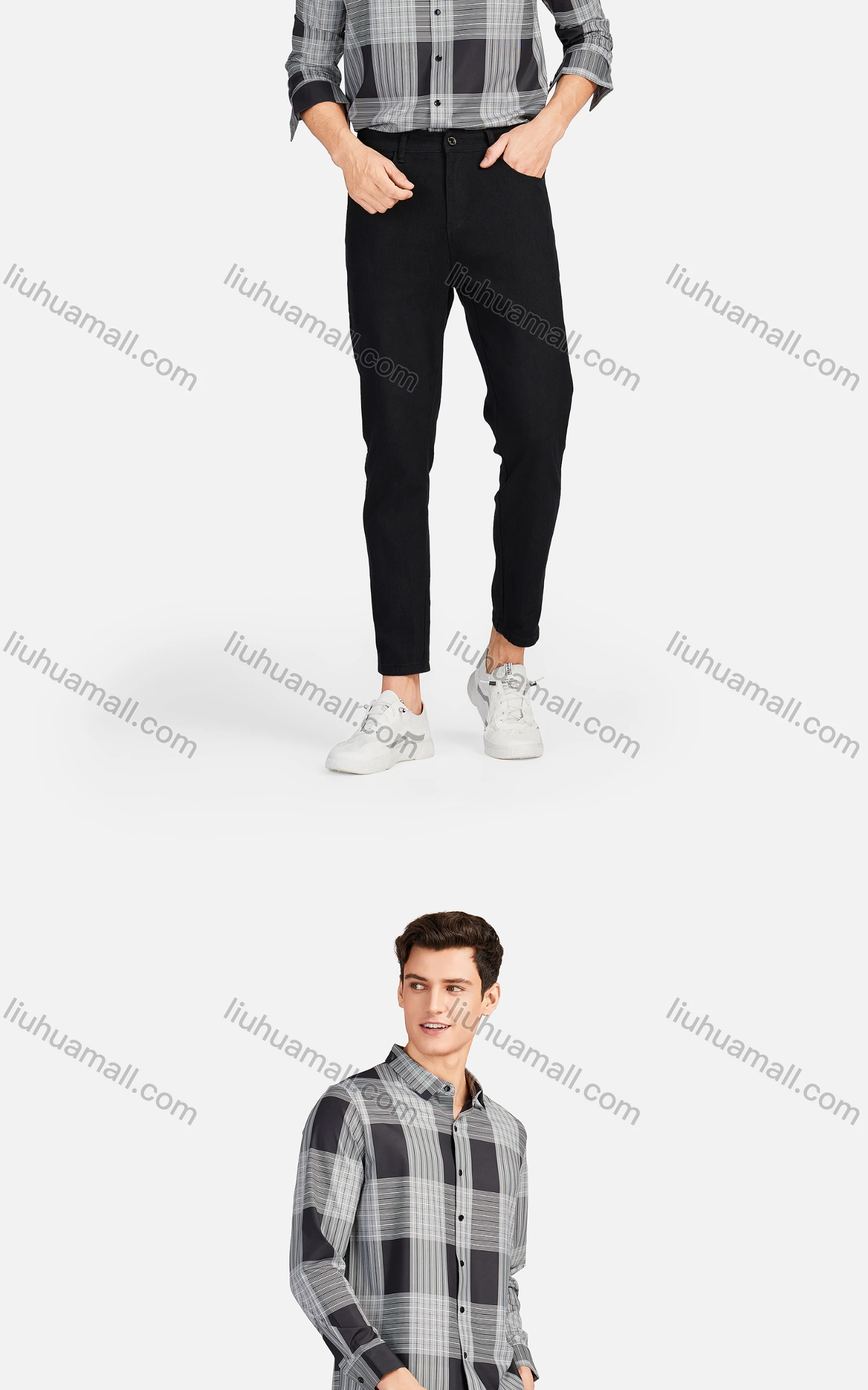 Wholesale Men's Casual Collared Long Sleeve Slim Fit Plaid Shirt - Liuhuamall