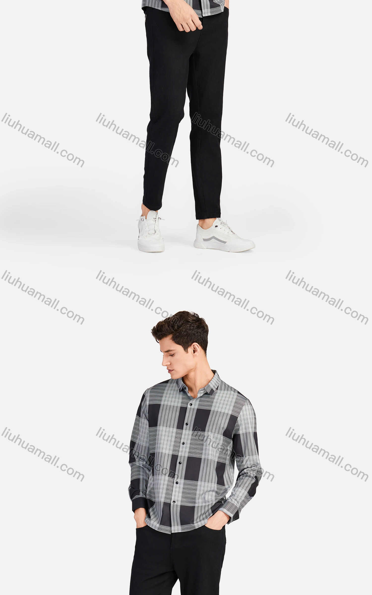 Wholesale Men's Casual Collared Long Sleeve Slim Fit Plaid Shirt - Liuhuamall
