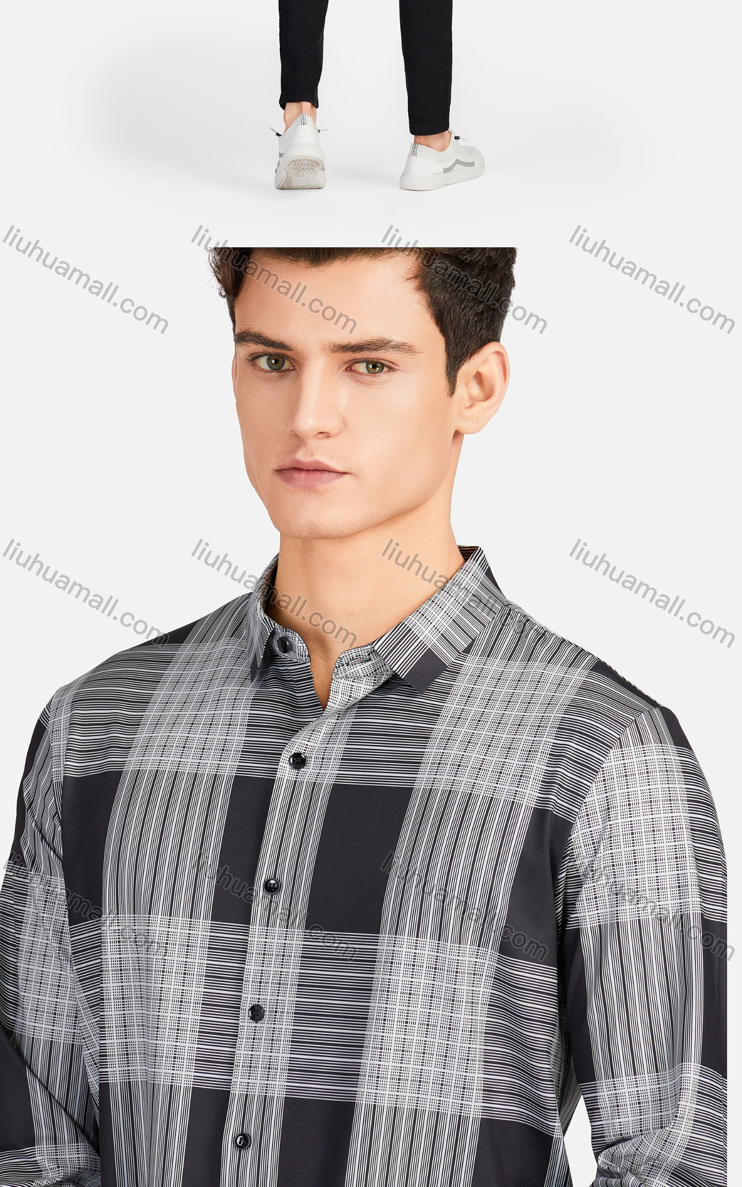 Wholesale Men's Casual Collared Long Sleeve Slim Fit Plaid Shirt - Liuhuamall