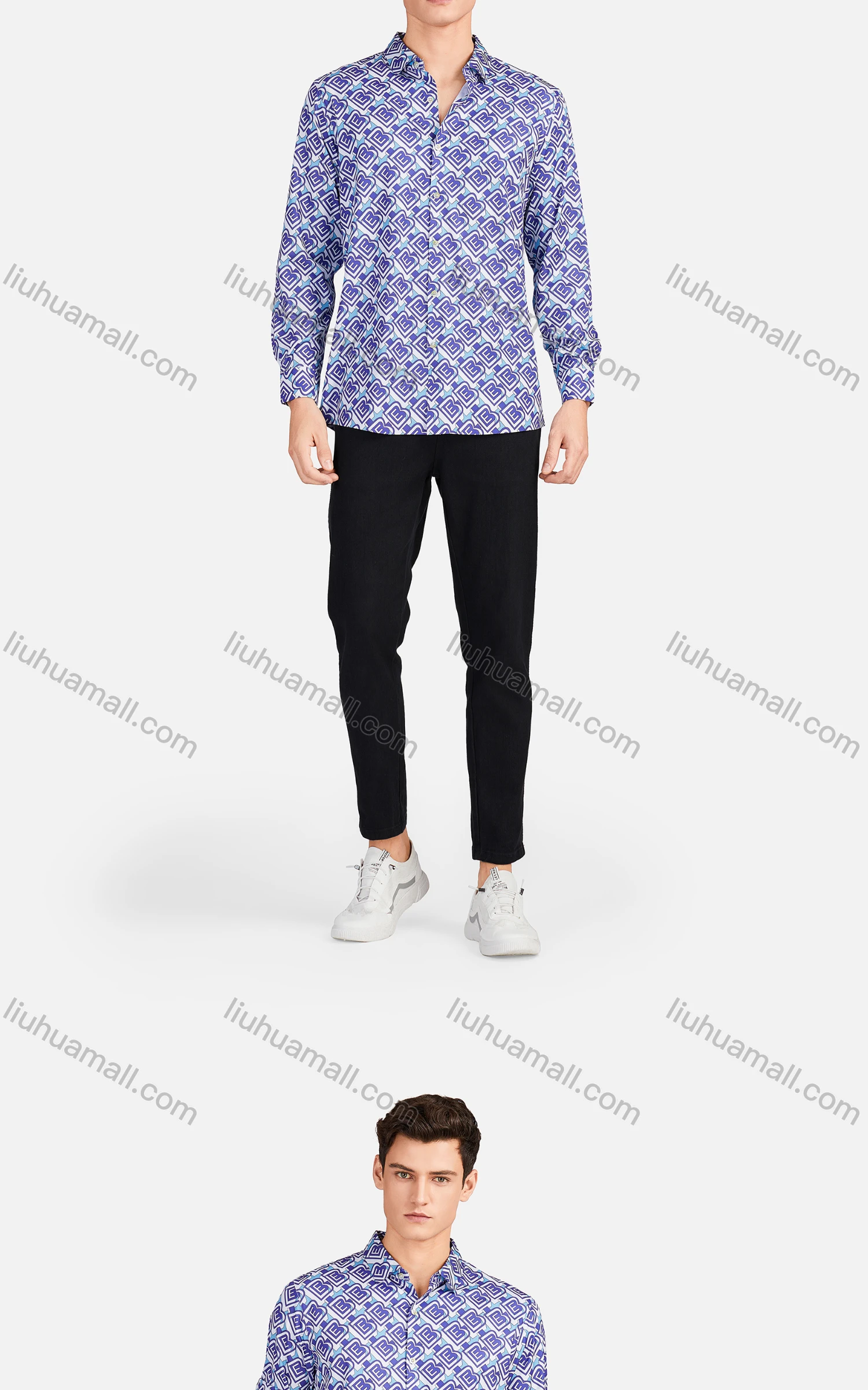 Wholesale Men's Casual Collared Long Sleeve Slim Fit Allover Print Shirt - Liuhuamall