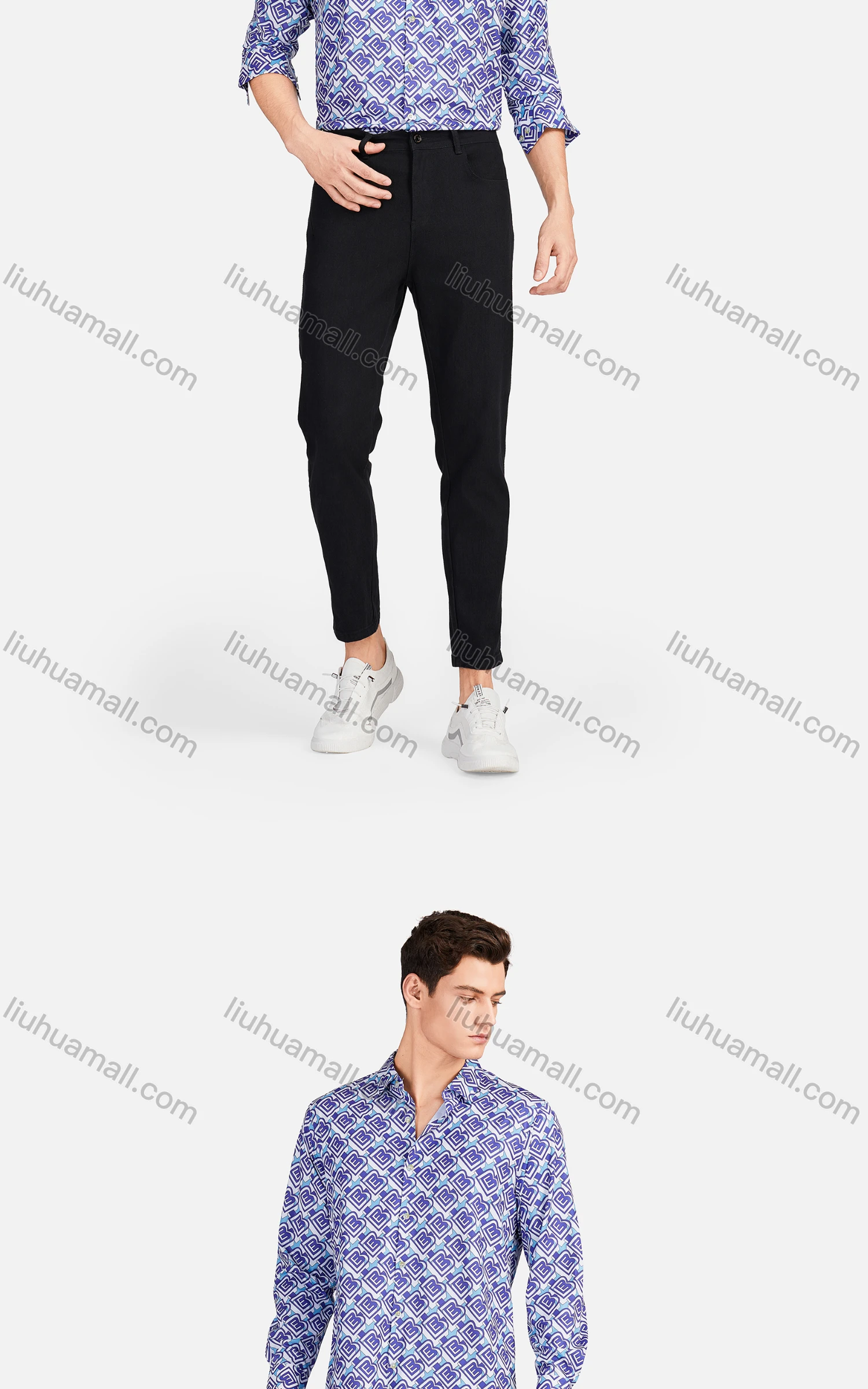 Wholesale Men's Casual Collared Long Sleeve Slim Fit Allover Print Shirt - Liuhuamall