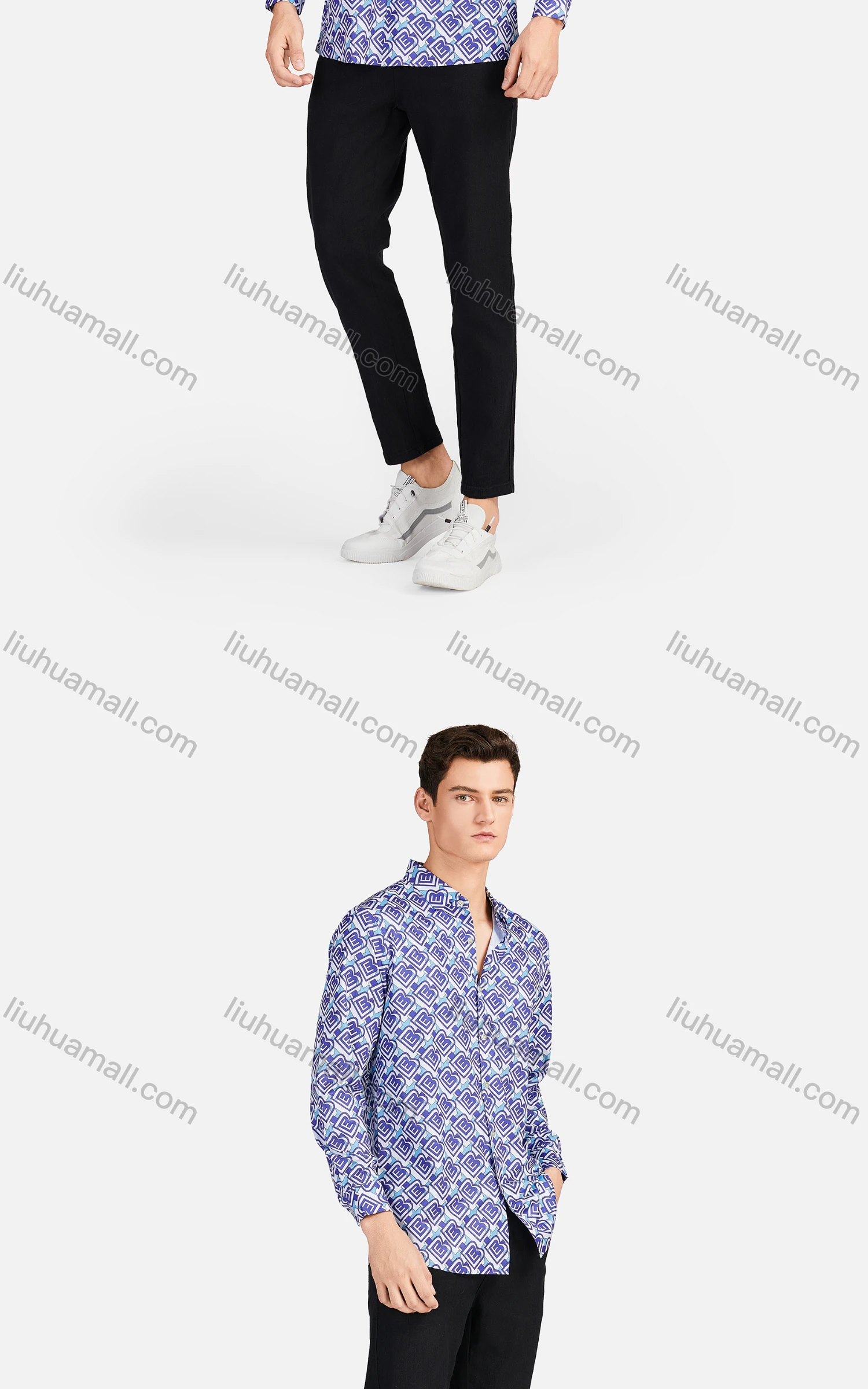 Wholesale Men's Casual Collared Long Sleeve Slim Fit Allover Print Shirt - Liuhuamall