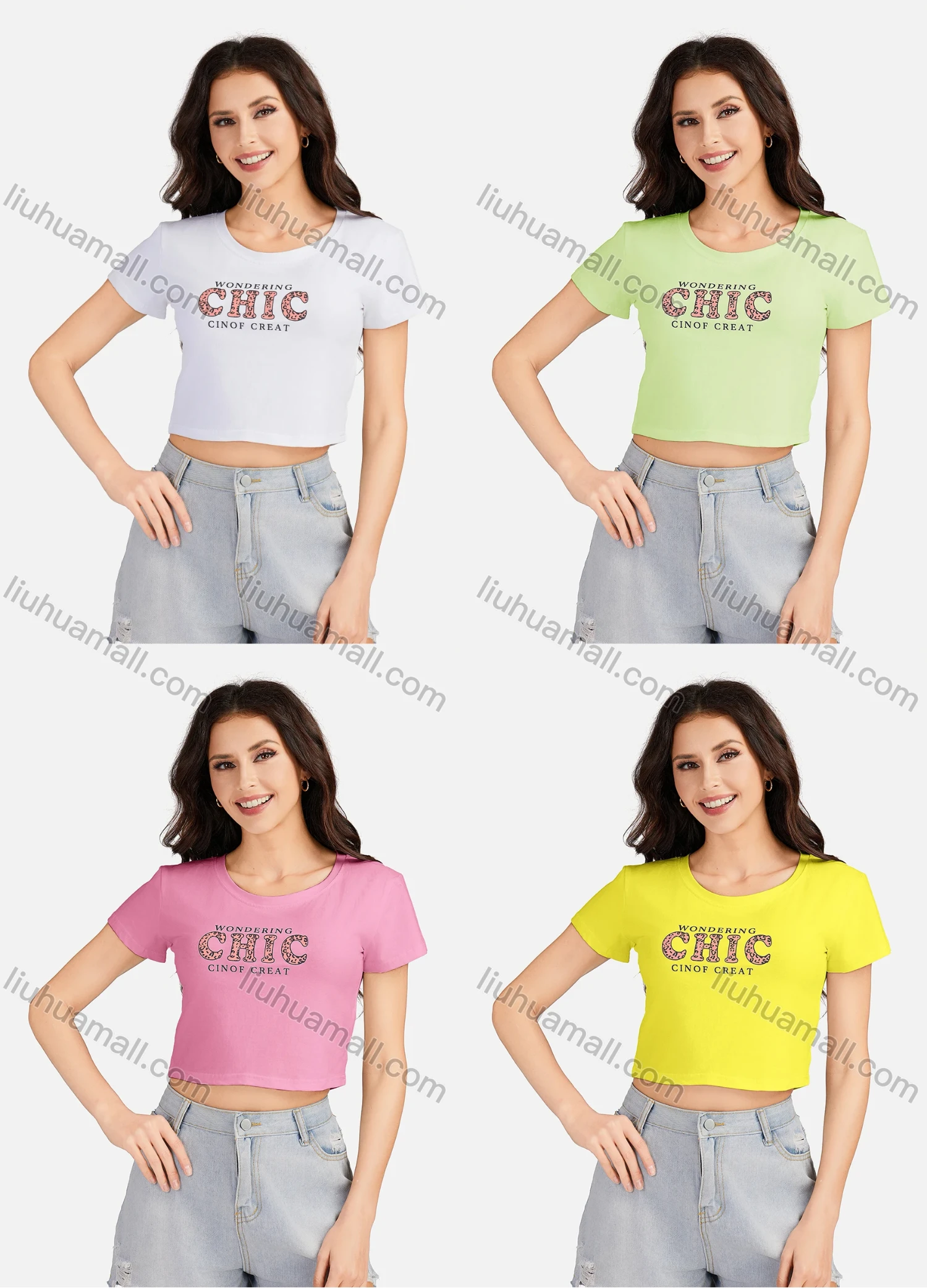 Wholesale Women's Casual Letter Round Neck Short Sleeve Crop T-shirt 3203# - Liuhuamall