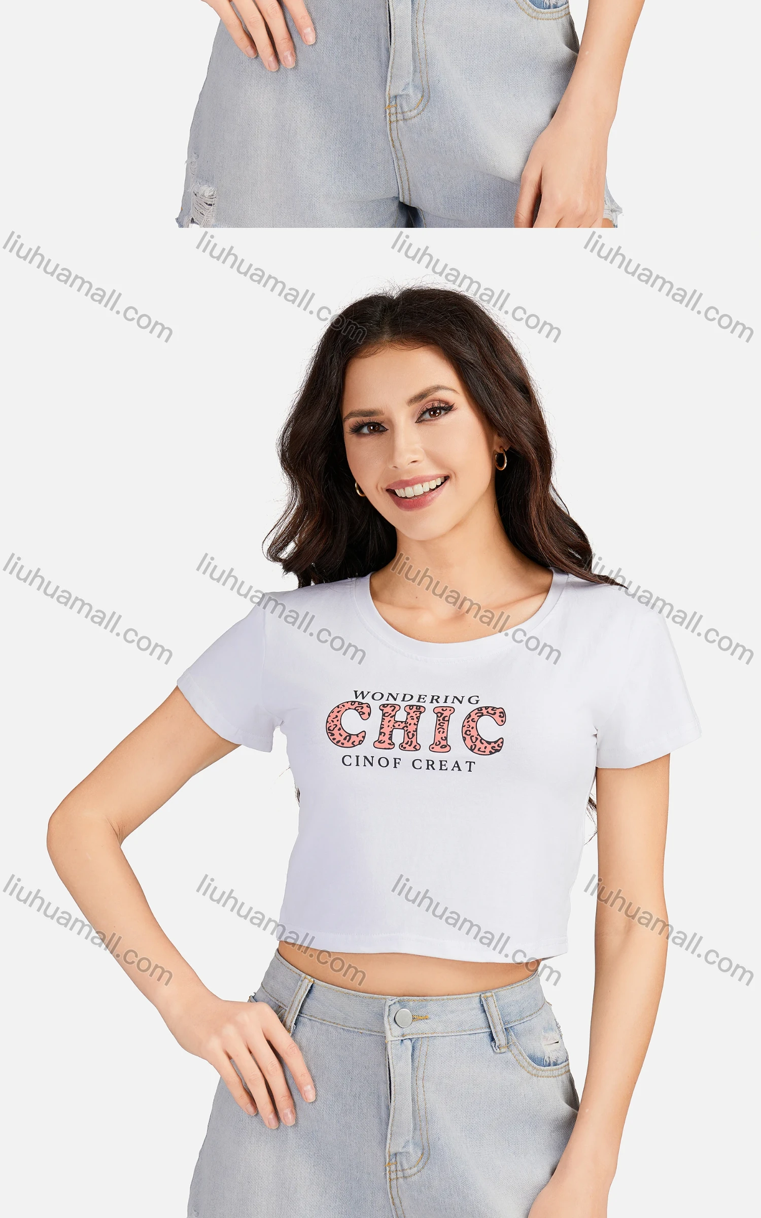 Wholesale Women's Casual Letter Round Neck Short Sleeve Crop T-shirt 3203# - Liuhuamall