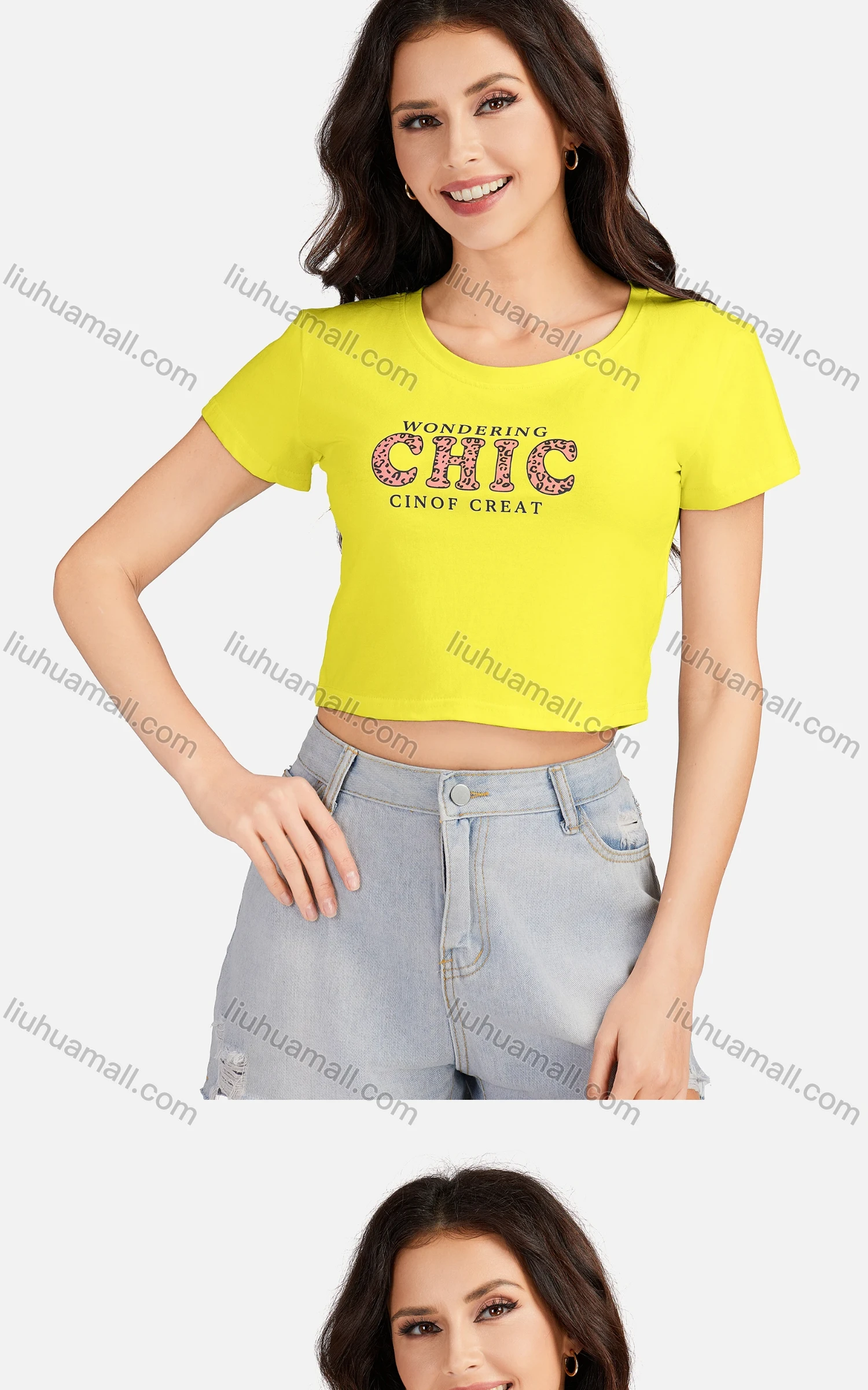Wholesale Women's Casual Letter Round Neck Short Sleeve Crop T-shirt 3203# - Liuhuamall