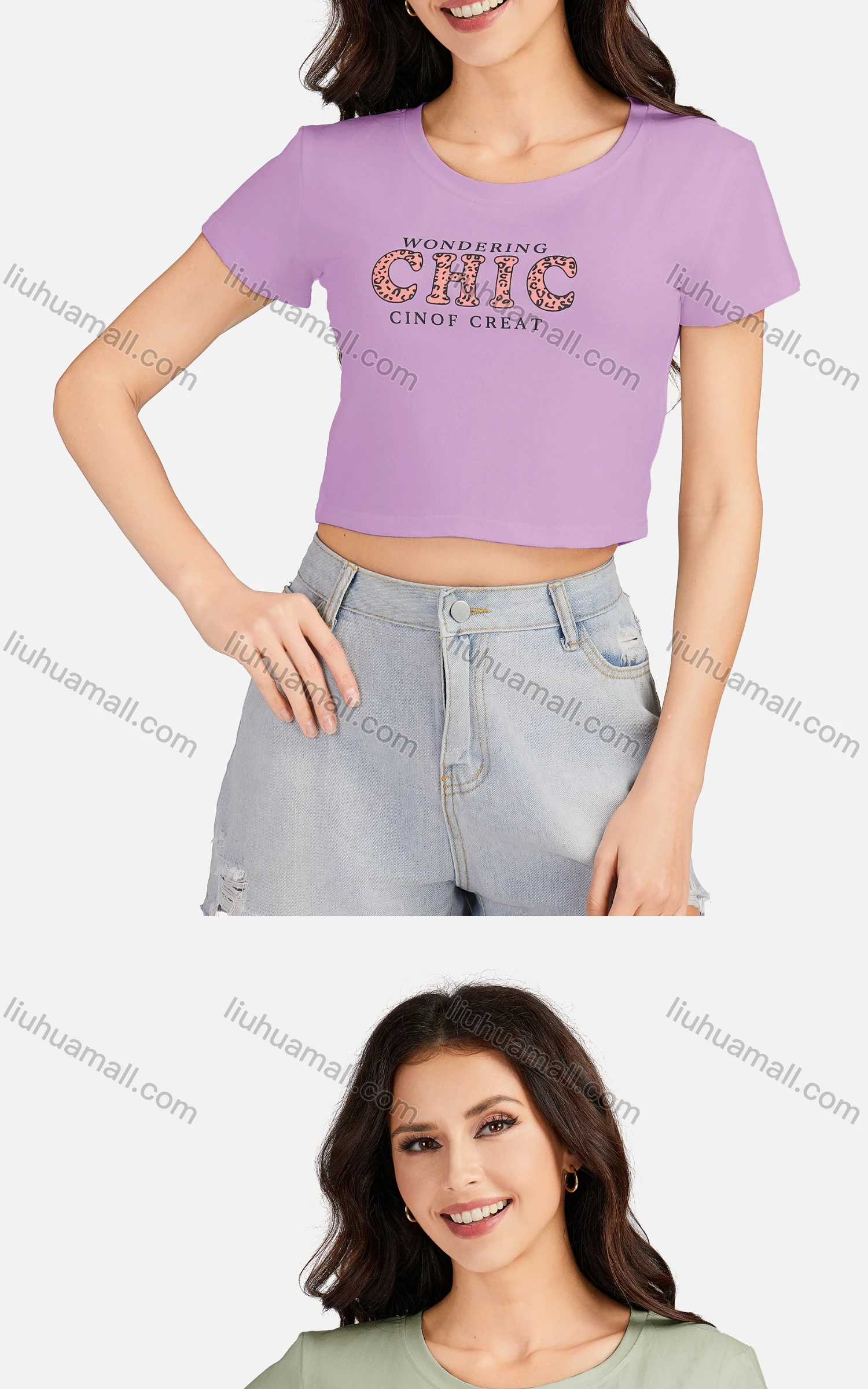 Wholesale Women's Casual Letter Round Neck Short Sleeve Crop T-shirt 3203# - Liuhuamall