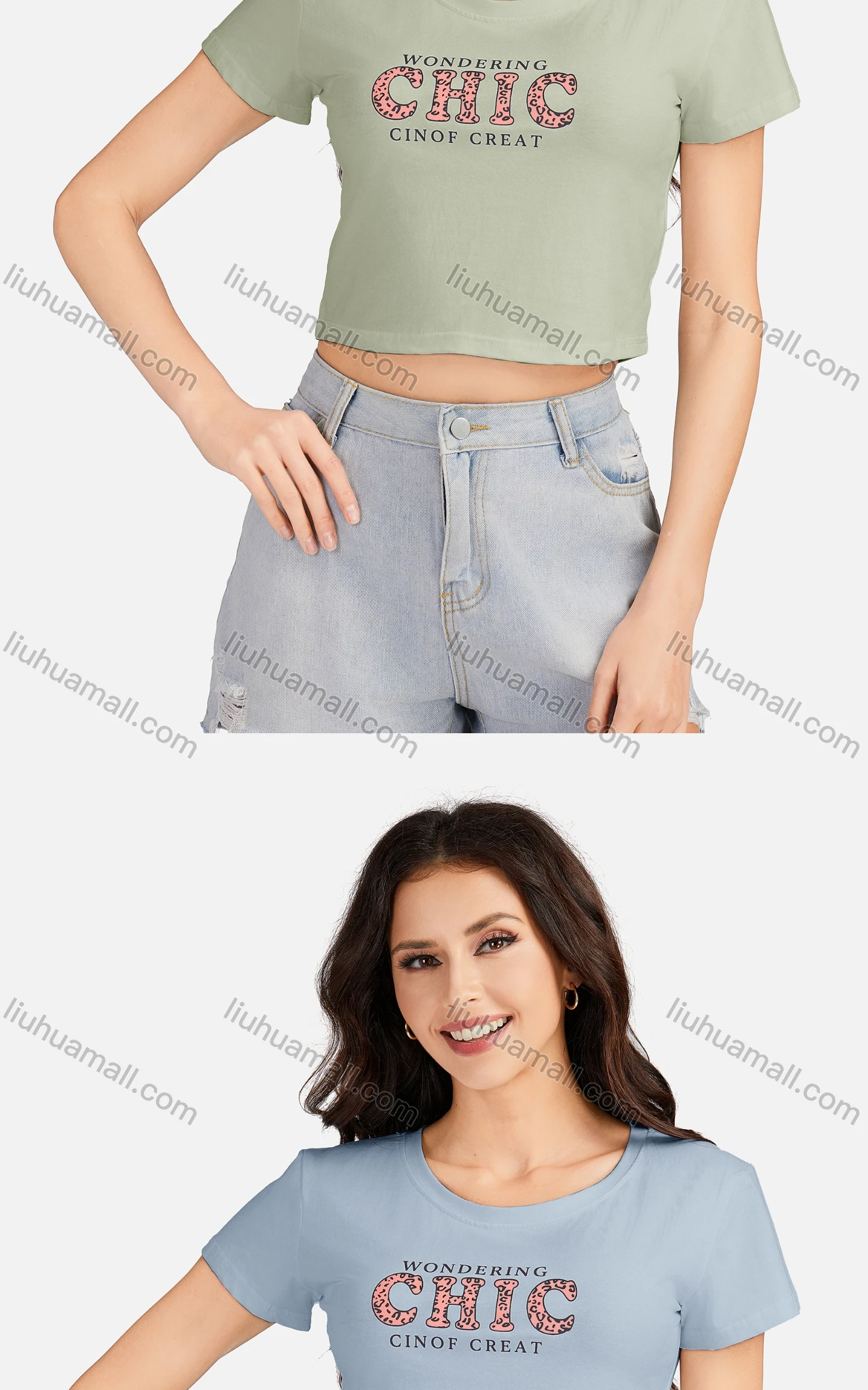 Wholesale Women's Casual Letter Round Neck Short Sleeve Crop T-shirt 3203# - Liuhuamall
