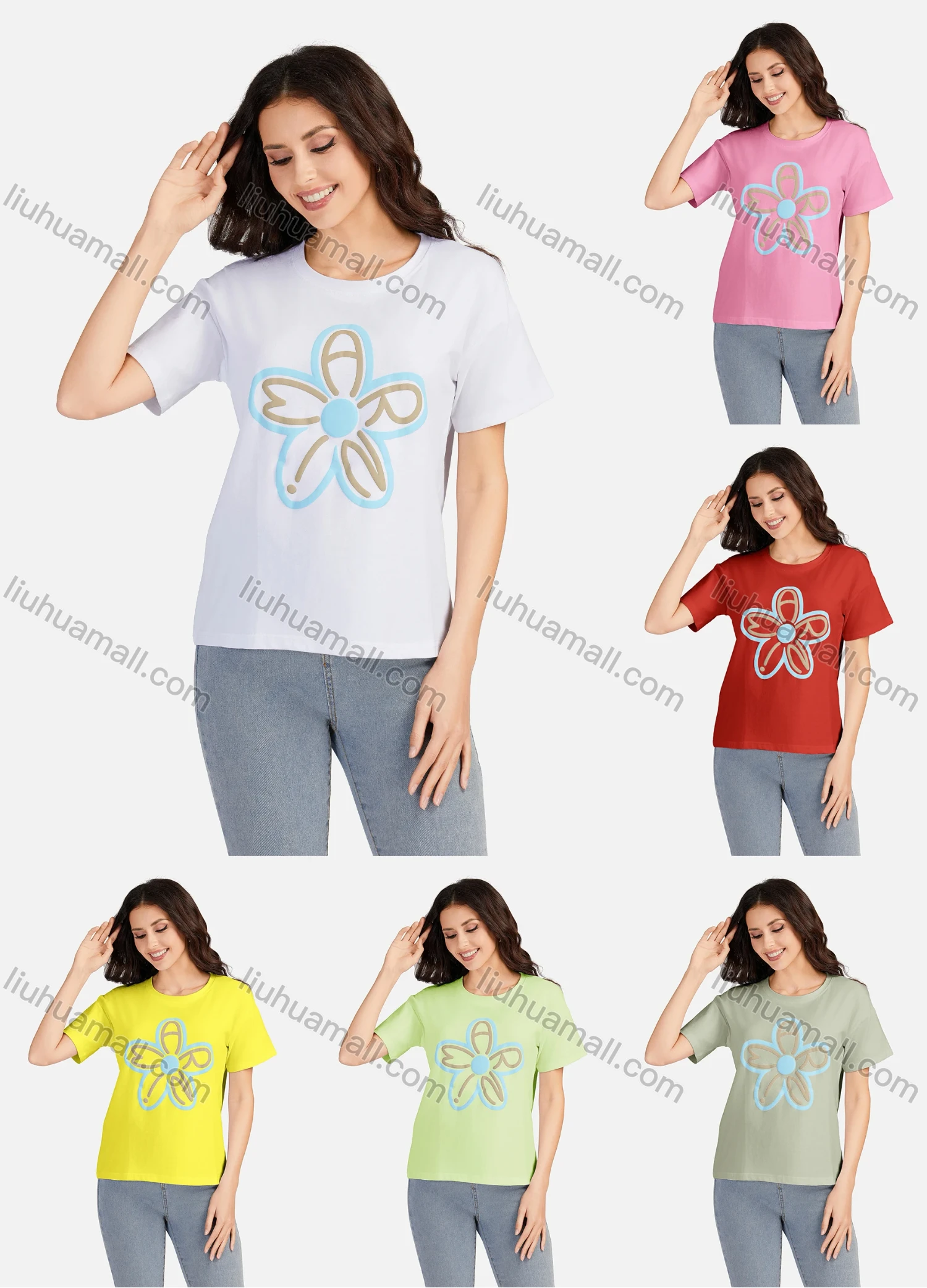 Wholesale Women's Casual Floral Round Neck Short Sleeve T-shirt 3106# - Liuhuamall