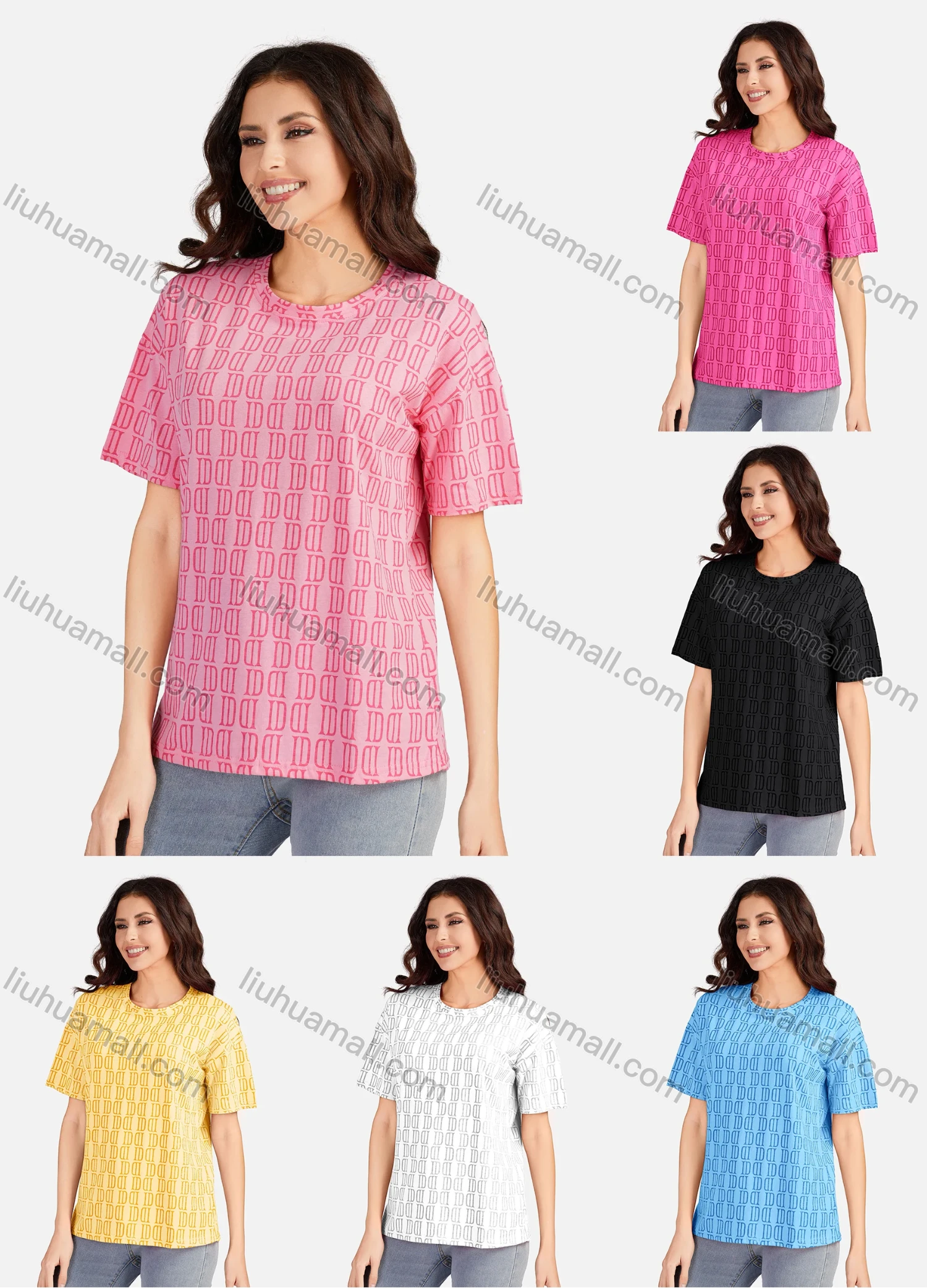 Wholesale Women's Casual Allover Print Round Neck Short Sleeve T-shirt 3605# - Liuhuamall