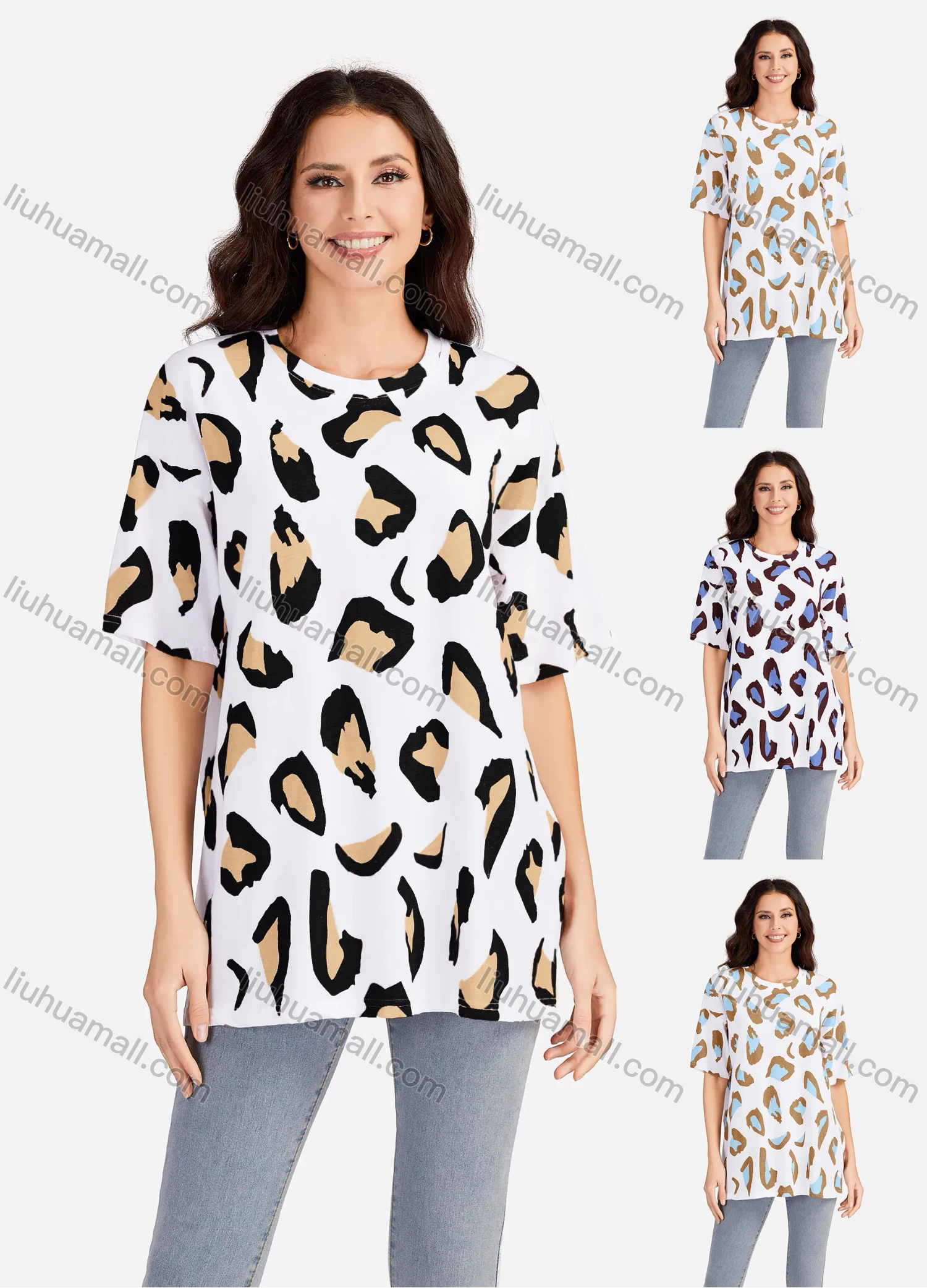 Wholesale Women's Casual Allover Print Round Neck Short Sleeve Tunic 3705# - Liuhuamall