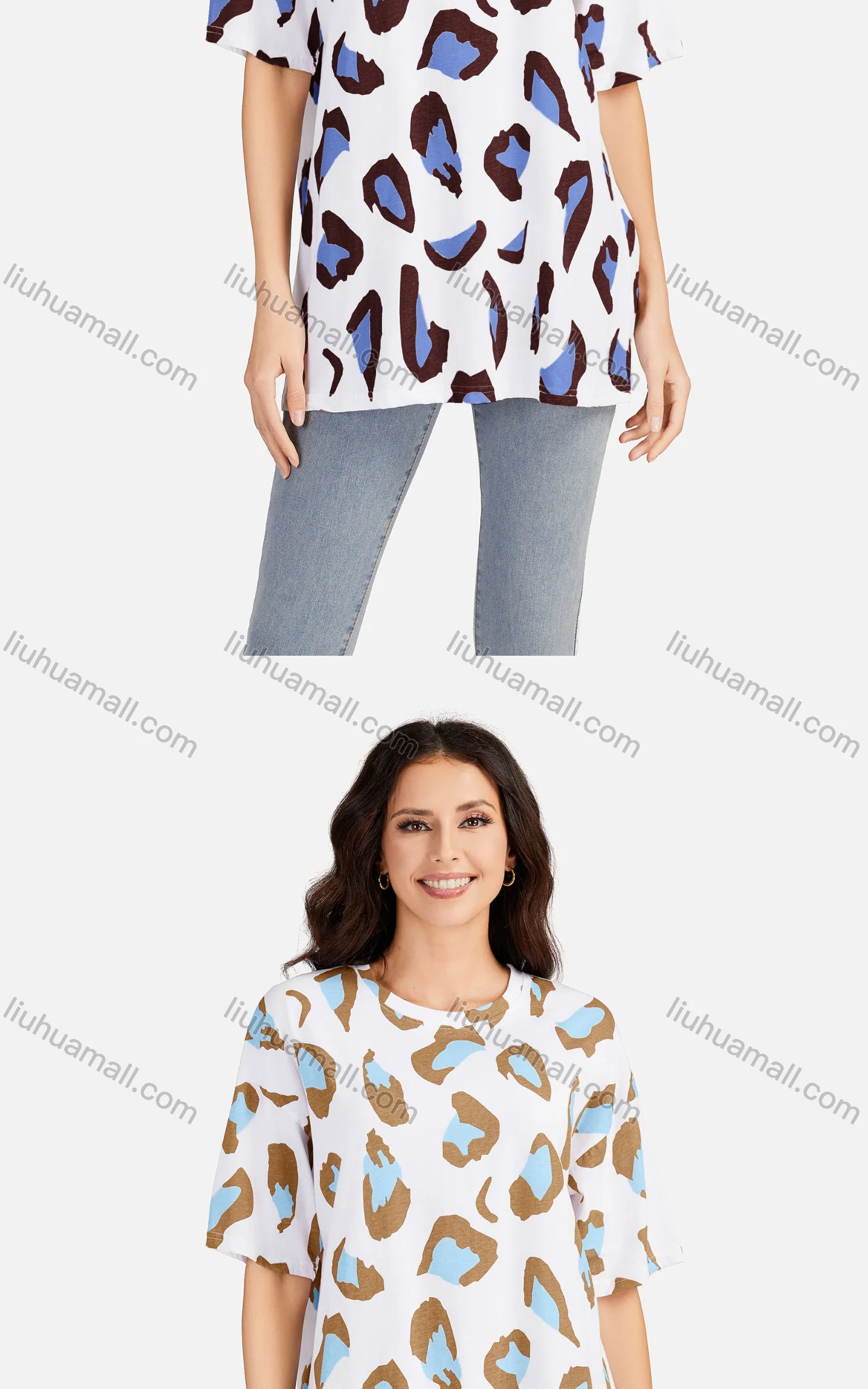 Wholesale Women's Casual Allover Print Round Neck Short Sleeve Tunic 3705# - Liuhuamall
