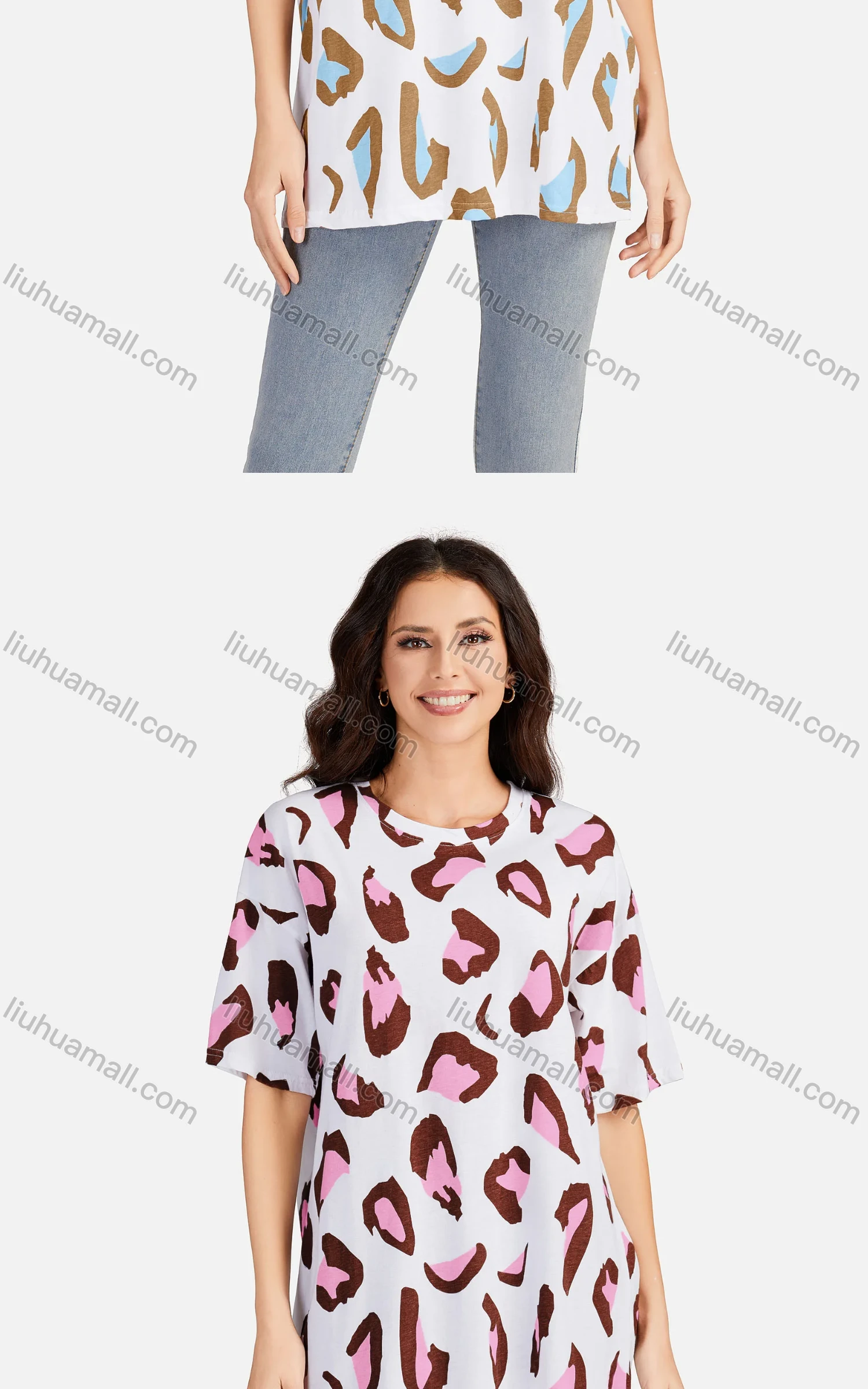 Wholesale Women's Casual Allover Print Round Neck Short Sleeve Tunic 3705# - Liuhuamall