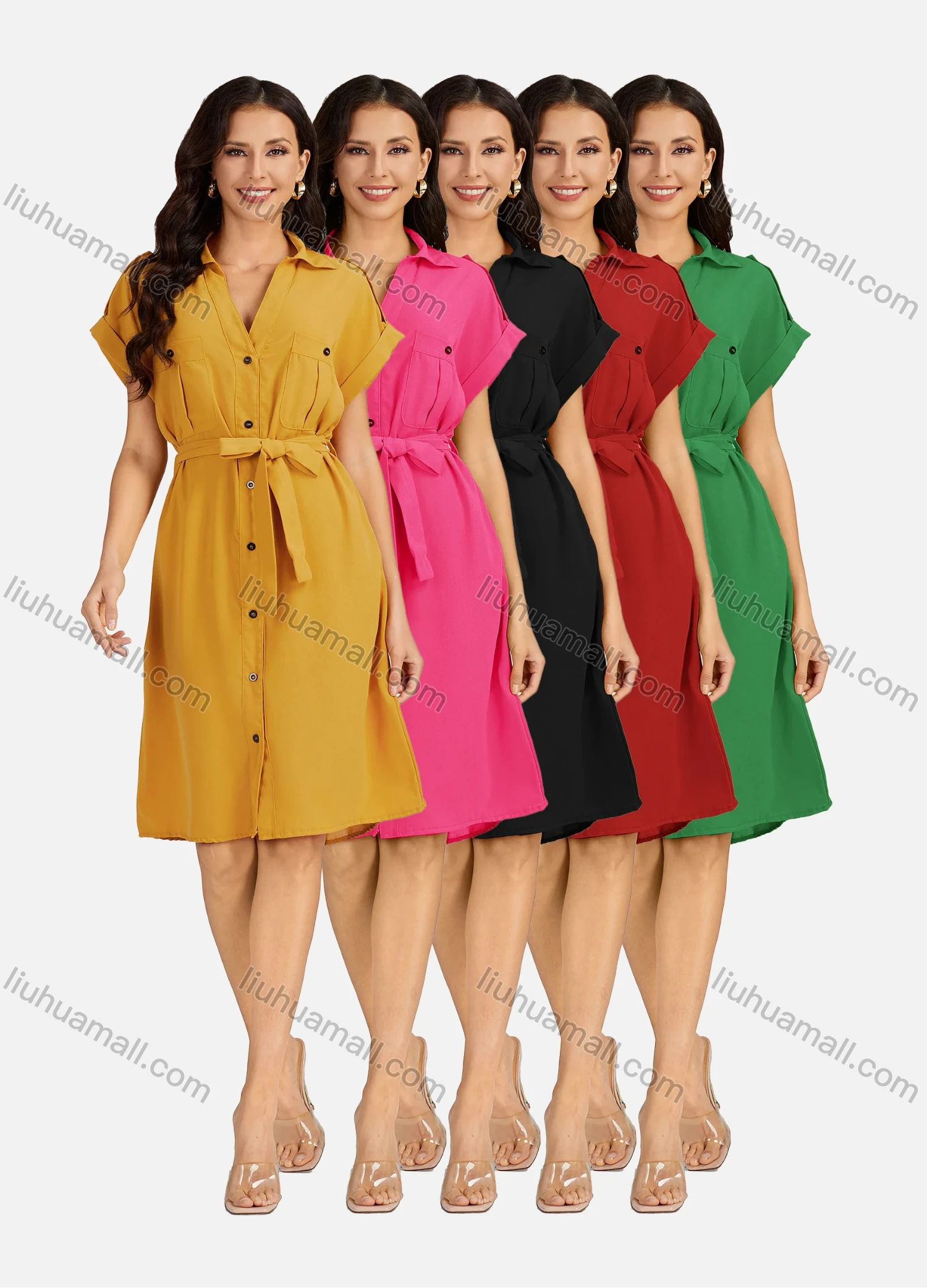 Wholesale Women's Casual Plain Button Down Short Sleeve Shirt Dress With Belt EG-3371# - Liuhuamall