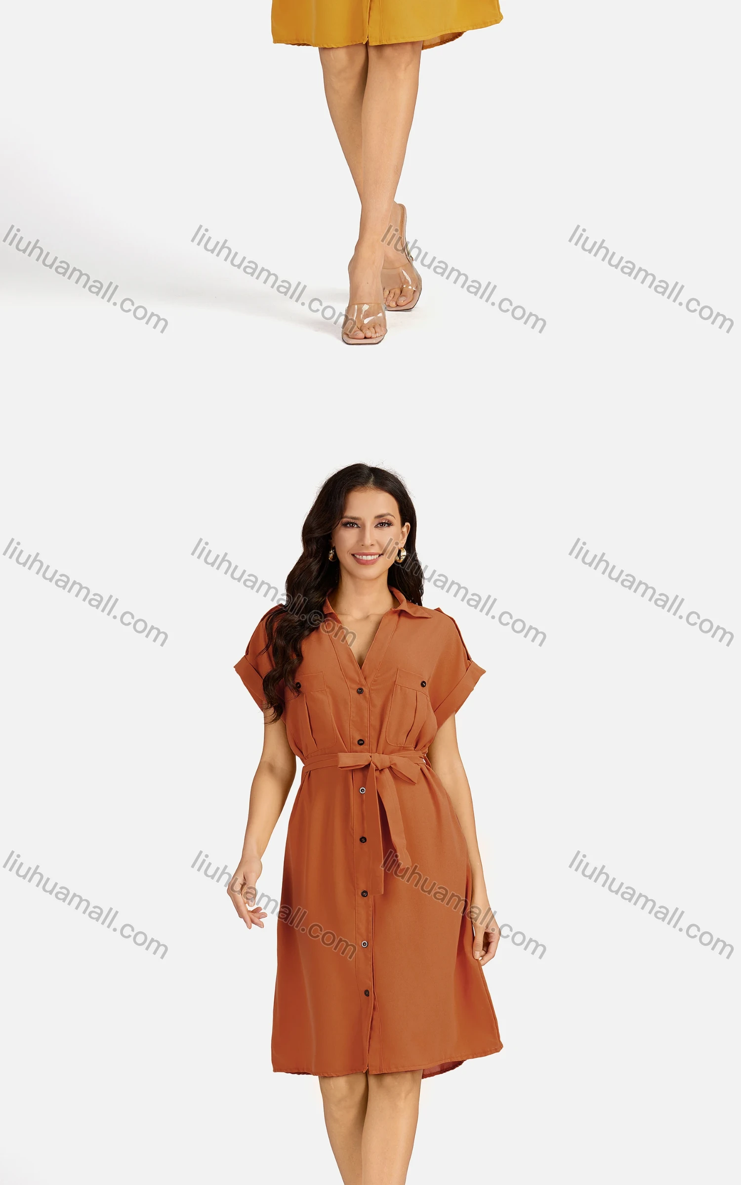 Wholesale Women's Casual Plain Button Down Short Sleeve Shirt Dress With Belt EG-3371# - Liuhuamall