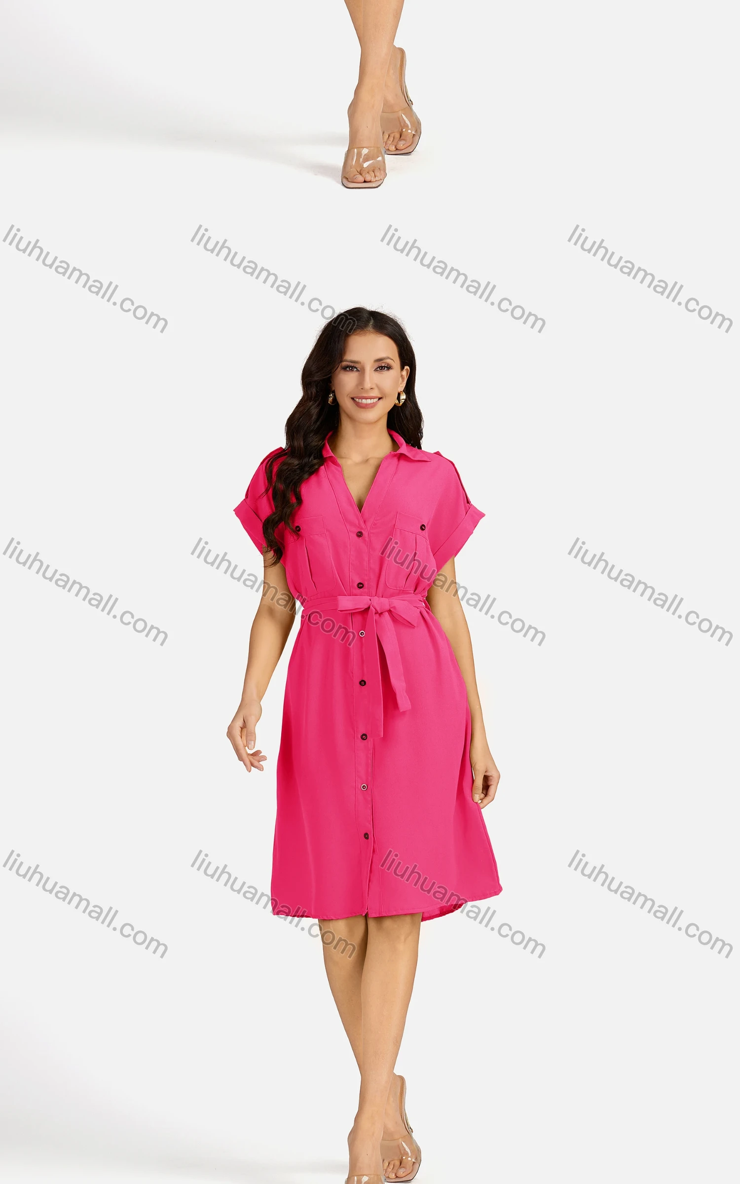 Wholesale Women's Casual Plain Button Down Short Sleeve Shirt Dress With Belt EG-3371# - Liuhuamall