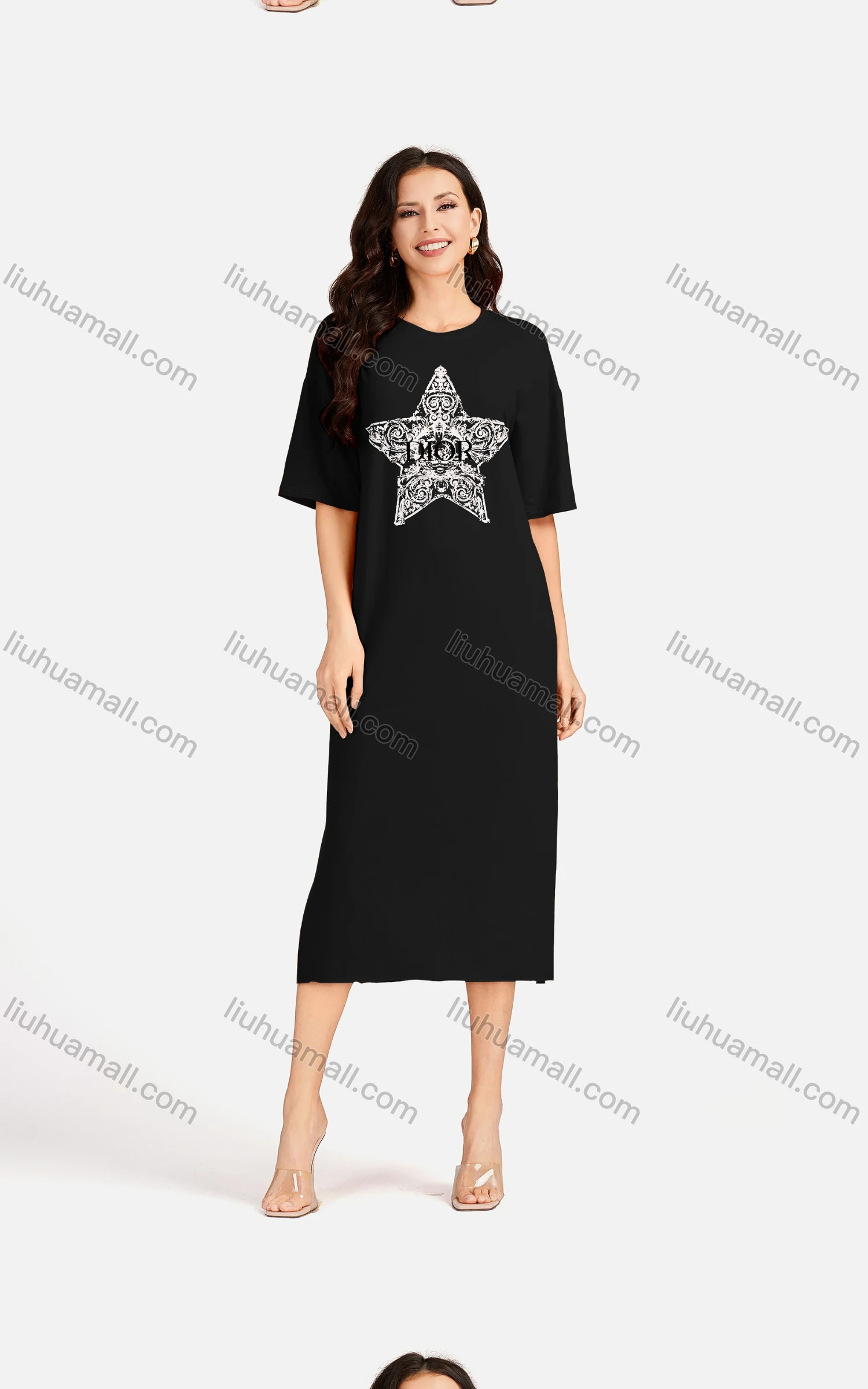 Wholesale Women's Casual Star Short Sleeve Crew Neck Split Side Dress EG-3486# - Liuhuamall