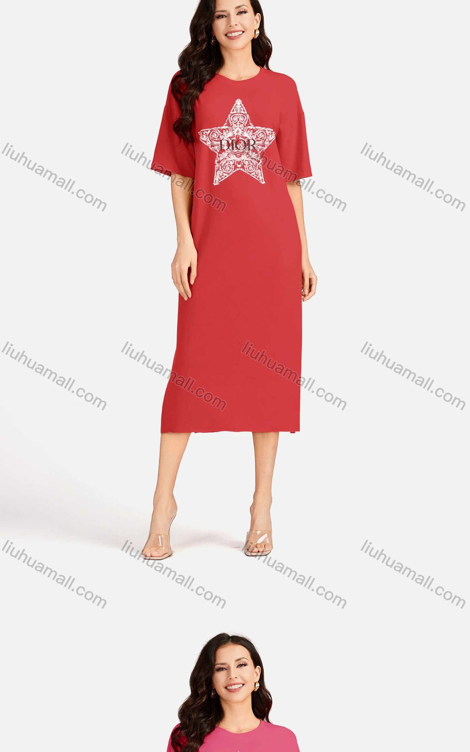 Wholesale Women's Casual Star Short Sleeve Crew Neck Split Side Dress EG-3486# - Liuhuamall