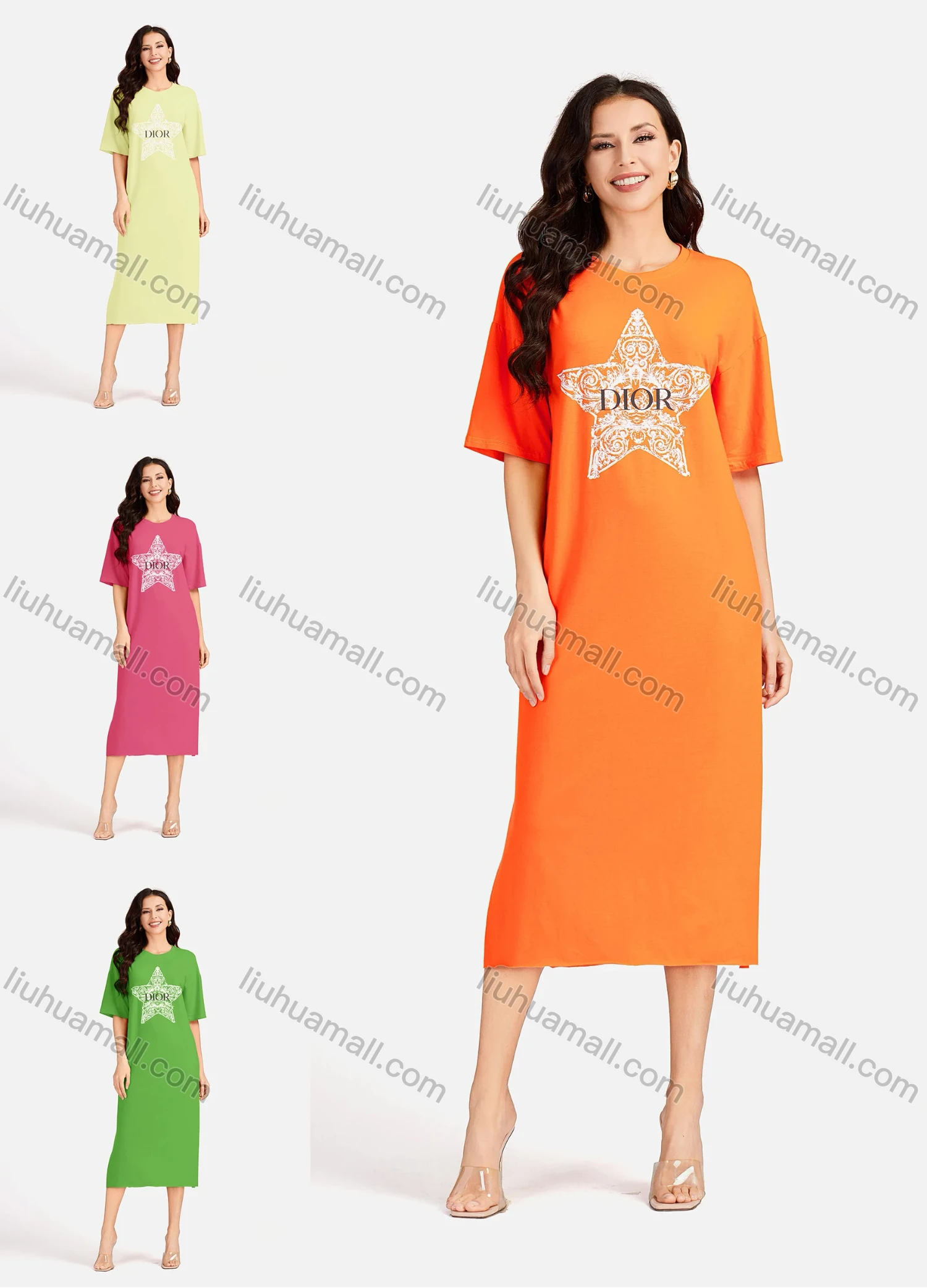 Wholesale Women's Casual Star Short Sleeve Crew Neck Split Side Dress EG-3486# - Liuhuamall