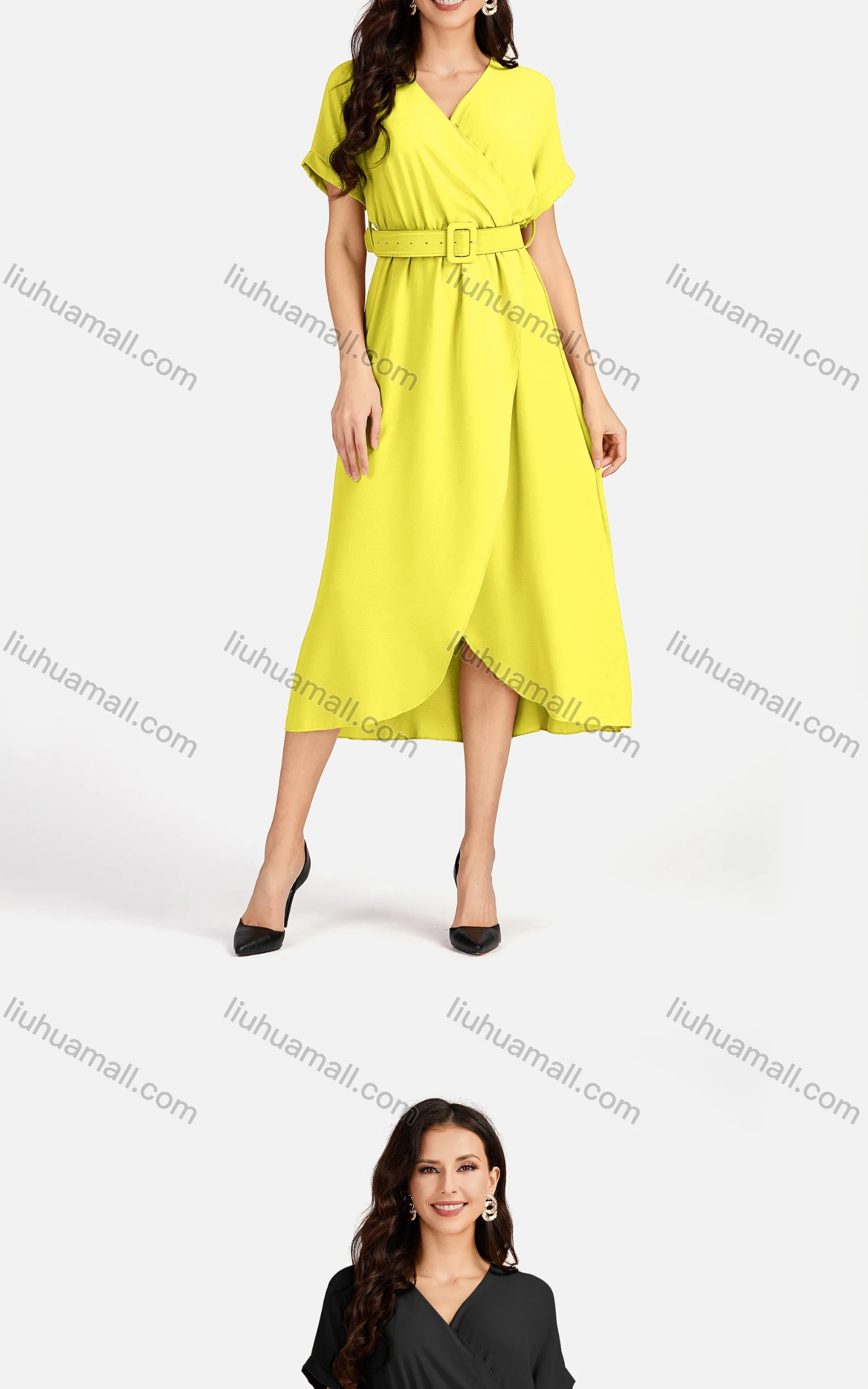 Wholesale Women's Casual Plain Wrap Short Sleeve Midi Dress With Belt EG-3436# - Liuhuamall