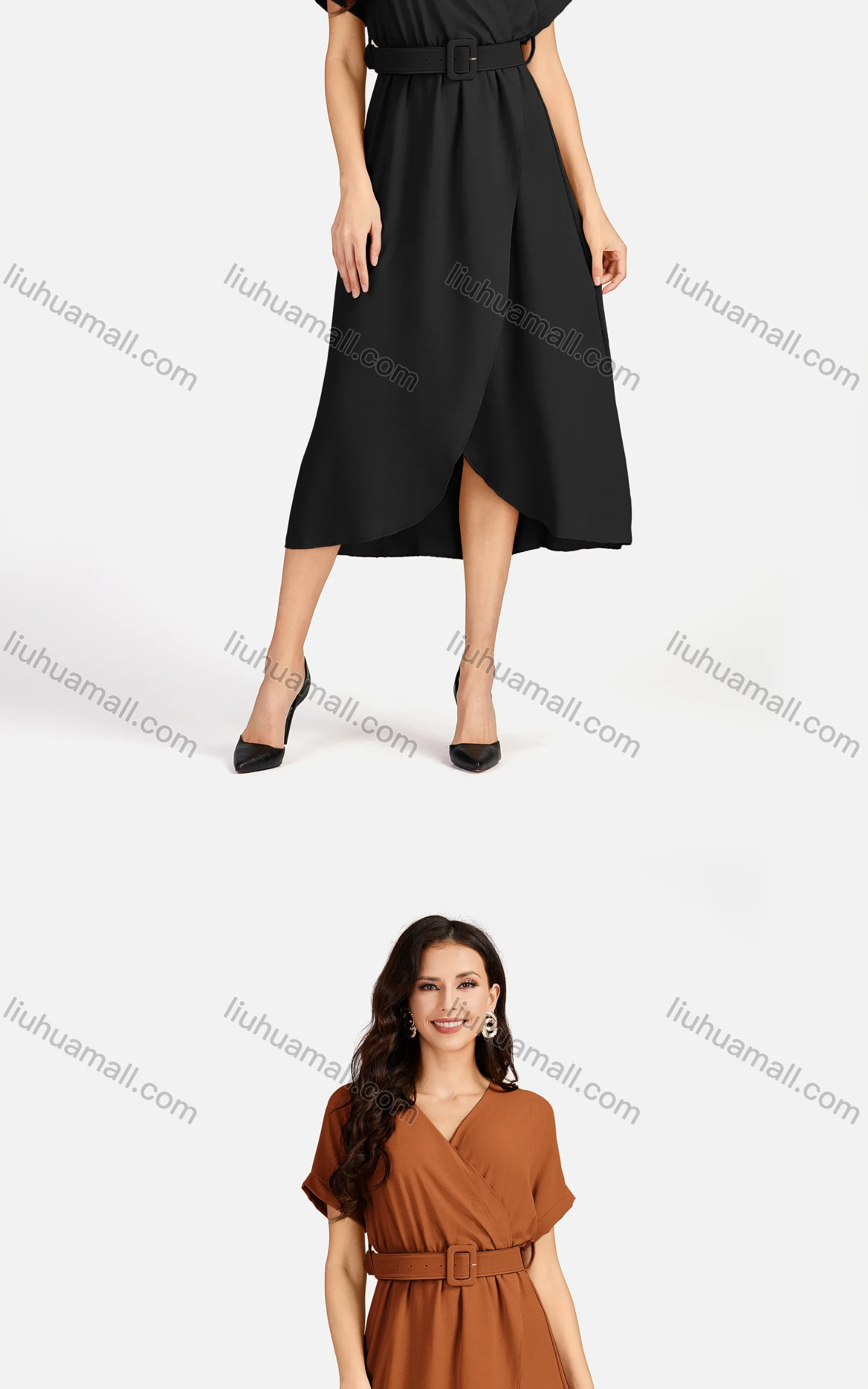 Wholesale Women's Casual Plain Wrap Short Sleeve Midi Dress With Belt EG-3436# - Liuhuamall