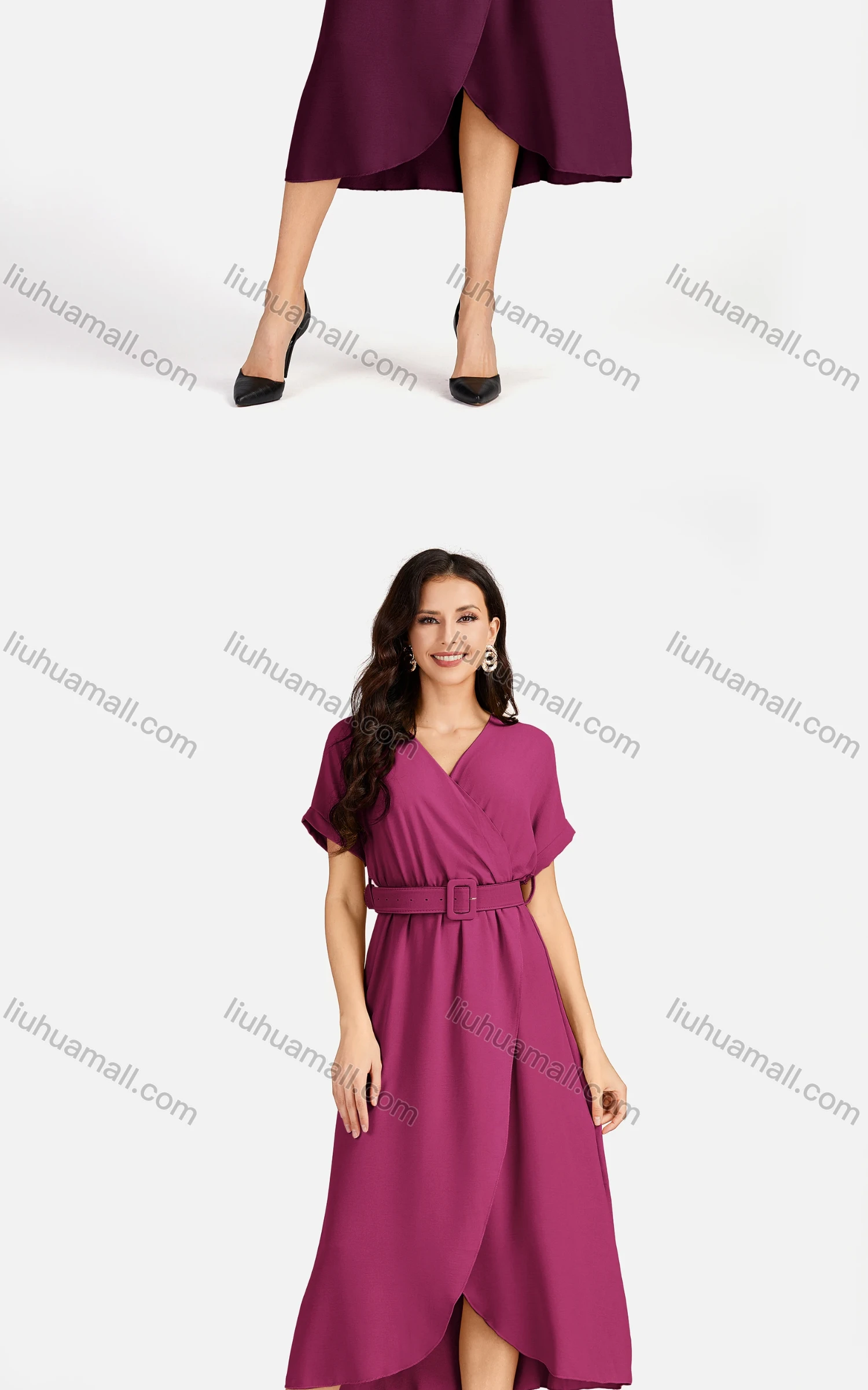 Wholesale Women's Casual Plain Wrap Short Sleeve Midi Dress With Belt EG-3436# - Liuhuamall