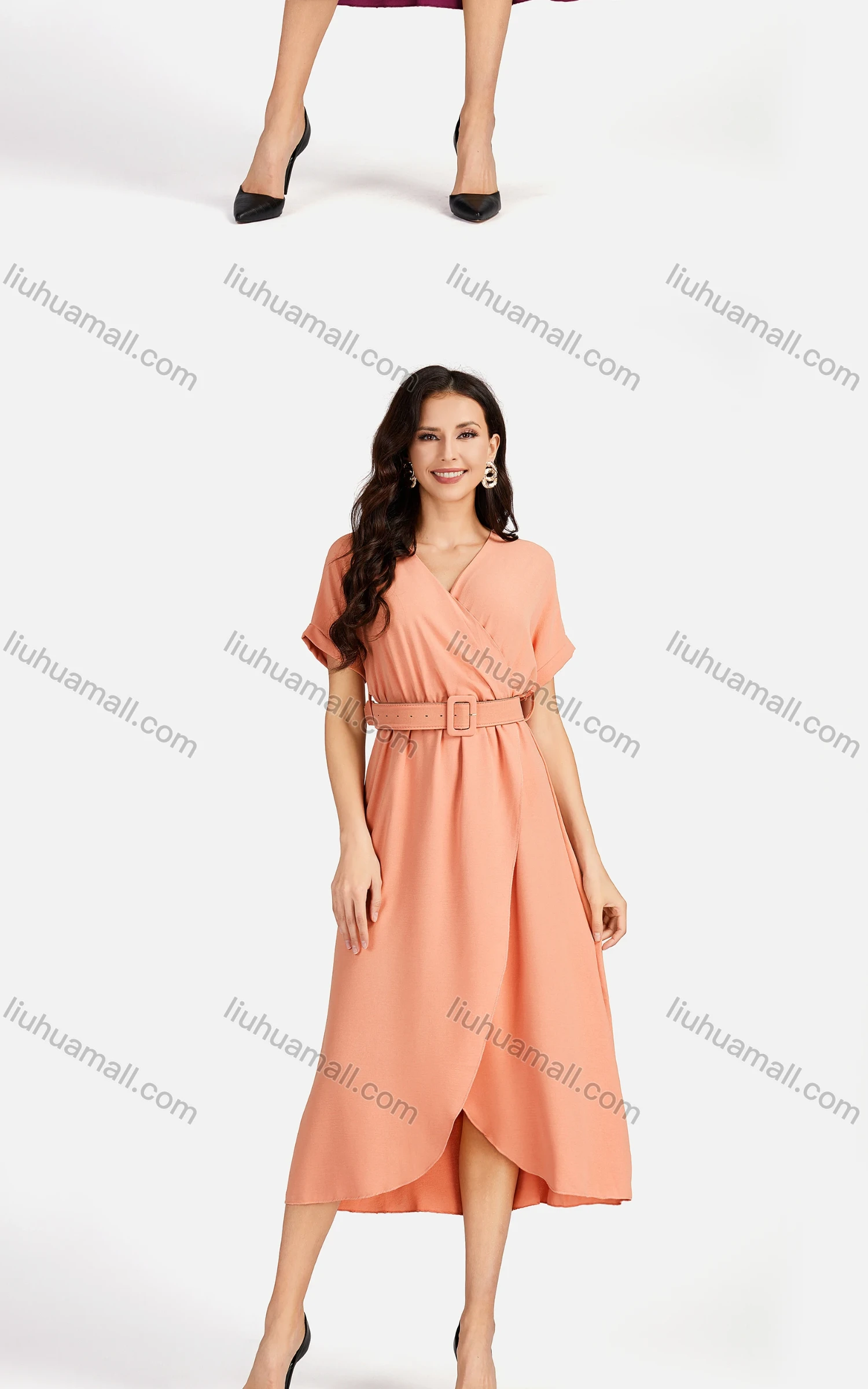 Wholesale Women's Casual Plain Wrap Short Sleeve Midi Dress With Belt EG-3436# - Liuhuamall